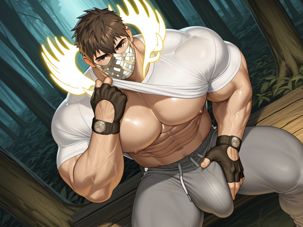 1boy, abs, ai art, ai generated, antlers, bara, bara tiddies, bara tits, big bulge, big muscles, big pecs, breasts, brown hair, bulge, bulge through clothing, eikthyrnir (fire emblem), fingerless gloves, fire emblem, forest, gay, glowing, goonerism, high-angle view, male, mask, moose antlers, mouth mask, muscles, muscular, muscular male, nipples, patreon, pecs, self upload, shirt, shirt lift, sitting, solo, sweatpants, watch, yaoi, yellow eyes