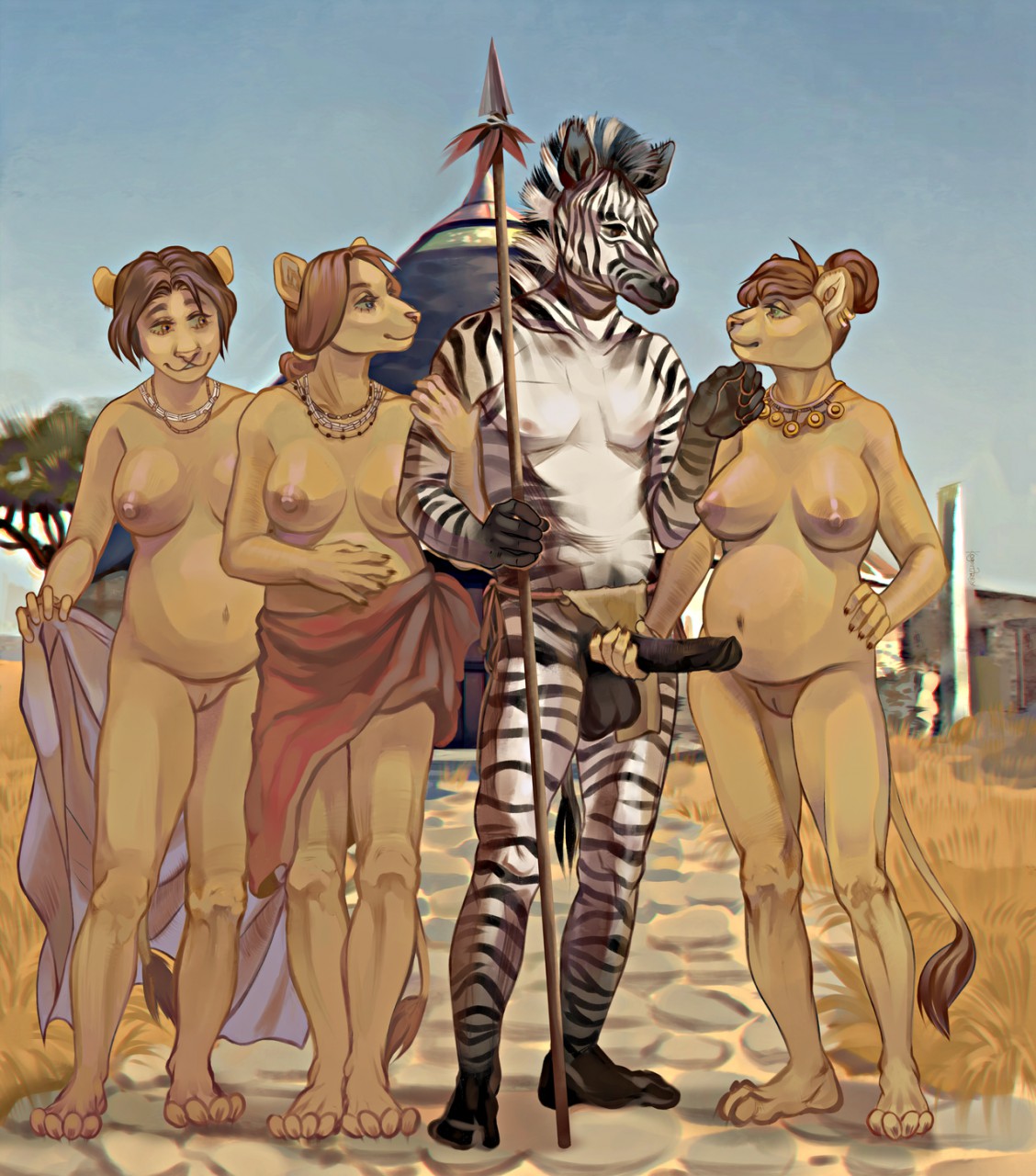 1boy, 2020, 3girls, 4 toes, 5 fingers, animal genitalia, animal penis, anthro, anthro on anthro, areola, baby bump, balls, barefoot, behati, belly, big belly, big breasts, black balls, black penis, black stripes, bottomwear, bottomwear aside, breasts, claws, clothed, clothed/nude, clothing, clothing aside, crotch apron, digital media (artwork), dominant, equid, equine, equine genitalia, equine penis, erection, eye contact, feet, felid, female, finger claws, fingers, freykogan, fur, genitals, gloves (marking), group, hand on arm, hand on belly, hand on chin, hand on hip, hand on own belly, hand on own hip, hand on penis, harem, hi res, hindpaw, holding another's penis, holding arm, holding melee weapon, holding object, holding penis, holding polearm, holding spear, holding weapon, humanoid hands, inner ear fluff, innie vulva, interspecies, interspecies domination, interspecies pregnancy, jewelry, leg markings, lion, lion ears, lion girl, lion humanoid, lion tail, loincloth, loincloth aside, loincloth only, looking at another, looking at partner, looking each other, male, male/female, mammal, markings, medium breasts, melee weapon, multiple girls, navel, necklace, nipples, nude, pantherine, paws, penis, penis grab, plantigrade, polearm, polyamory, polygamy, predator/prey, pregnant, pregnant anthro, pregnant female, public topless, pussy, red hair, smile, socks (marking), spear, standing, striped body, striped fur, stripes, tan body, tan fur, toe claws, toes, topless, topless female, topless male, tribal, tribal clothing, tuft, undressing, vulva, weapon, white body, white fur, zebra, zebra boy, zebra ears, zebra humanoid, zebra print, zebra stripes, zebra tail