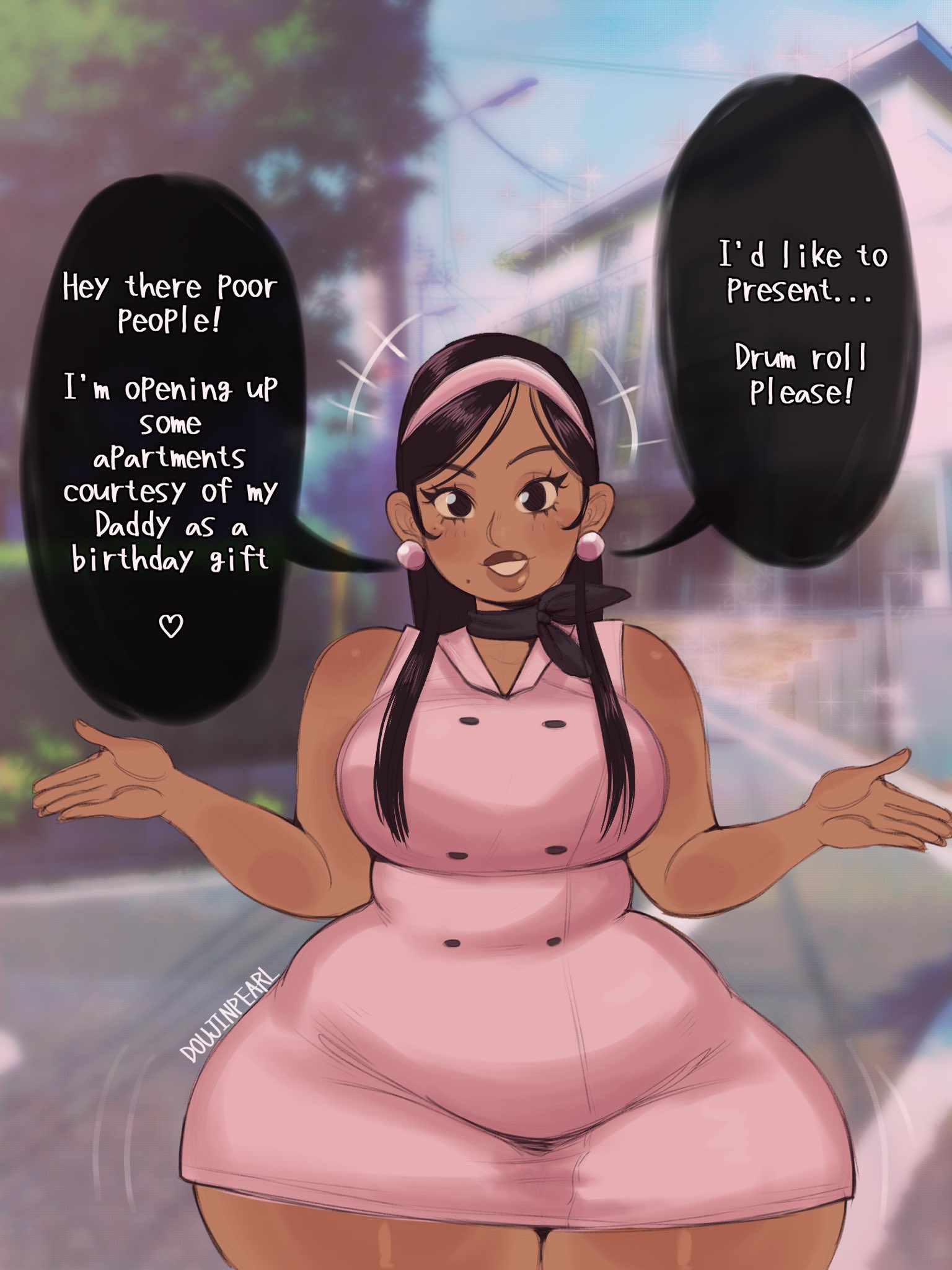 1girls, arms out, artist self-insert, bbw, big belly, big breasts, black hair, black woman, breasts, brown lips, building, business attire, business woman, cheerful, chubby female, collared dress, doujinpearl, eye liner, eyelashes, female, fupa, landlady, landlord, light-skinned female, neck bow, oc, pearl (doujinpearl), pink dress, pink earrings, pink headband, presenting, real background, rich female, self insert, short skirt, skindentation, sparkly, spoiled, straight hair, talking to viewer, thick thighs, venus body
