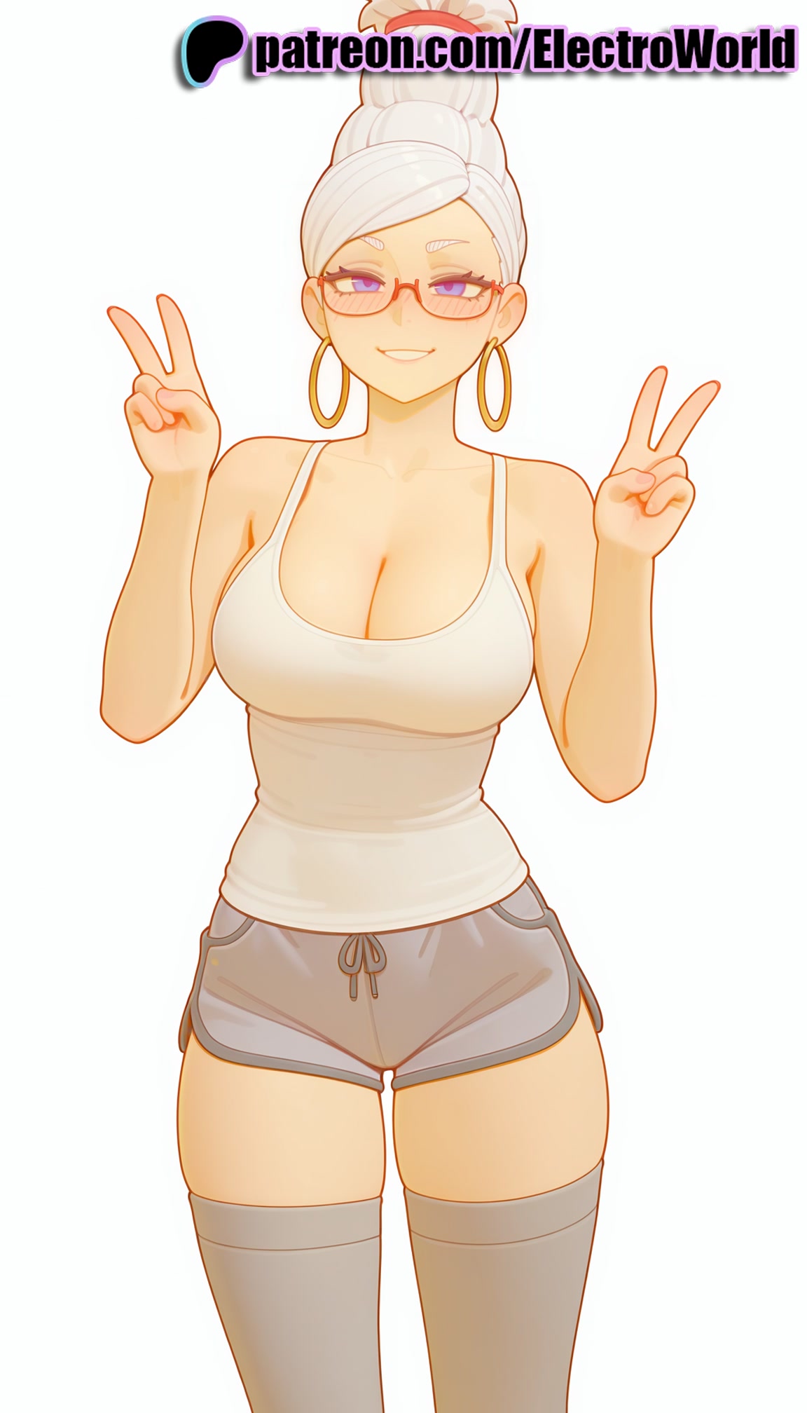 1girls, 2025, ai generated, artist name, ayase seiko, big breasts, big chest, breasts, bust, busty, chest, cleavage, dandadan, dolphin shorts, double v, earrings, electroworld, female, glasses, hi res, high quality, high resolution, highres, hoop earrings, jewelry, large breasts, patreon, patreon username, shorts, smile, solo, stable diffusion, tank top, thighhighs, v, w, watermark