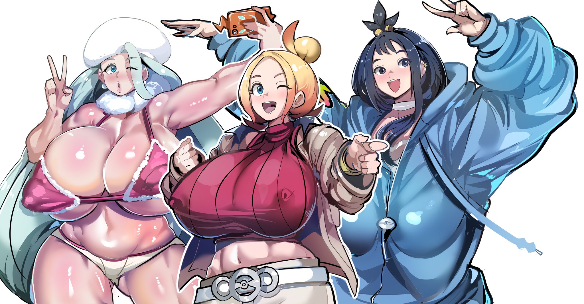 3girls, aditya draws, black hair, blonde hair, blue eyes, blue jacket, bracelet, covered erect nipples, duro (pokemon), female focus, grey hair, huge breasts, julioalqae, lida (pokemon), long hair, looking at viewer, melon (pokemon), melony (pokemon), milf, multiple girls, open mouth, pokemon, pokemon legends: z-a, pokemon ss, pokemon swsh, red bikini, red sweater, shiny skin, short hair, standing, taunie (pokemon), townie (pokemon), underboob, white background, wink