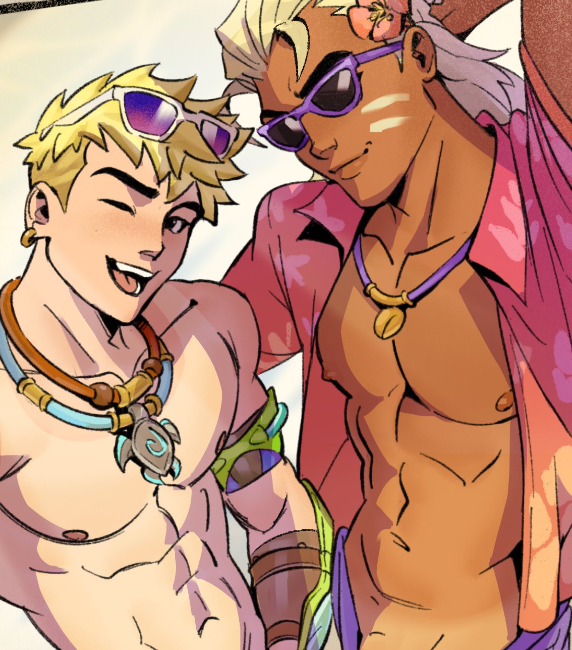 2boys, abs, abs male, blonde hair, flower in hair, gay, glasses, glasses on head, lifeweaver, light skin, light-skinned male, looking at viewer, male, male only, necklace, one eye closed, overwatch, overwatch 2, padeliciouss/dantesrealm, poolside wuyang, tan skin, tan skinned male, wuyang