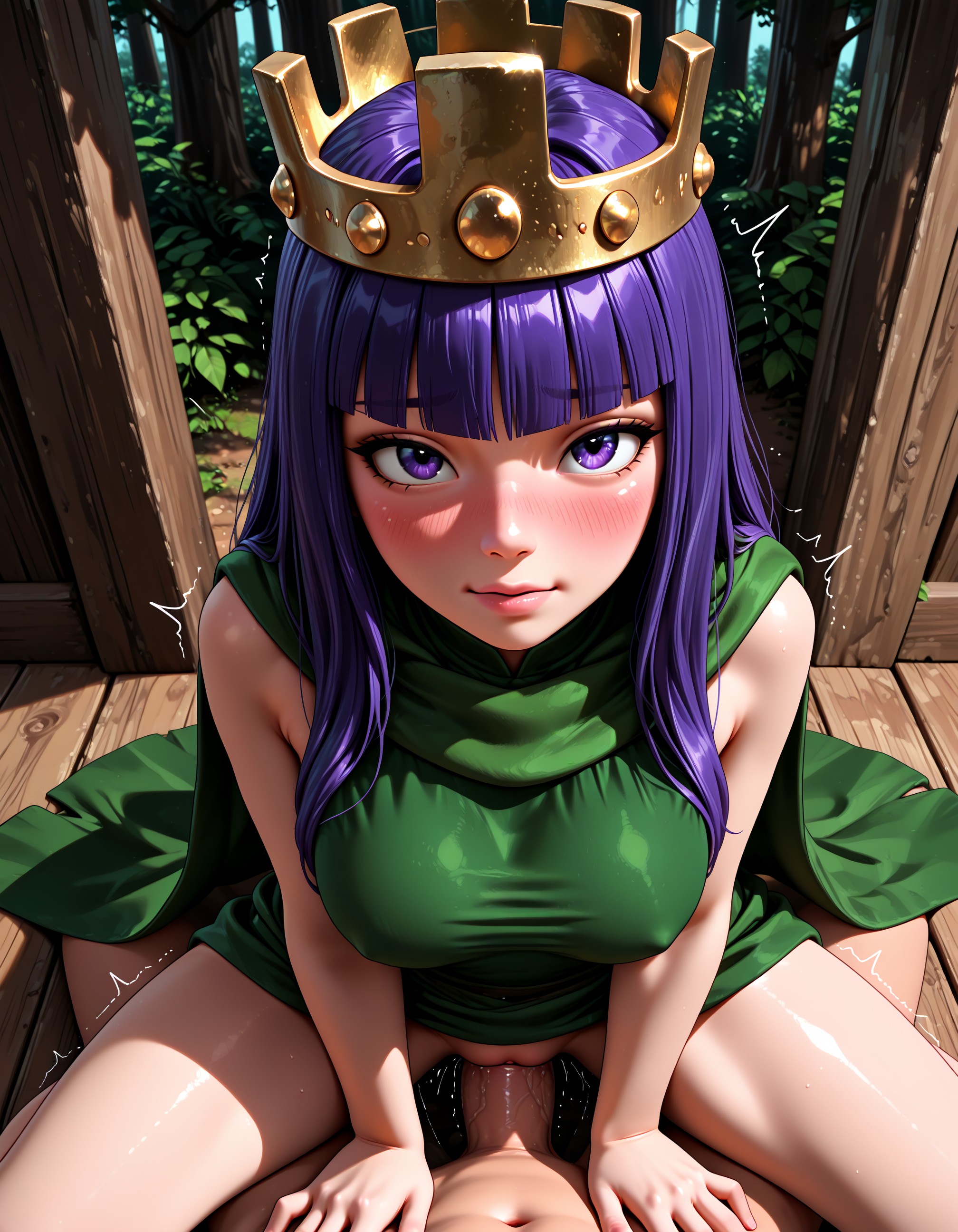 1boy, ai generated, archer queen (clash of clans), archer queen (clash royale), arm support, bangs, bare arms, blunt bangs, blush, breasts, cape, clash (series), clash of clans, clash royale, closed mouth, clothed female nude male, clothed sex, clothes lift, clothing, covered nipples, cowgirl position, crown, day, dress, dress lift, erection, eyelashes, female, green dress, hands on another's chest, headwear, jousneystudio, large breasts, lips, long hair, looking at viewer, male, navel, no panties, nose, nude, on top, outdoors, patreon, penis, pov crotch, purple eyes, purple hair, pussy, pussy juice, sex, sitting, sleeveless, sleeveless dress, solo focus, spread legs, straddling, straight, supercell, sweat, tearing up, tree, trembling, twitching penis, vaginal penetration, veins, wooden floor