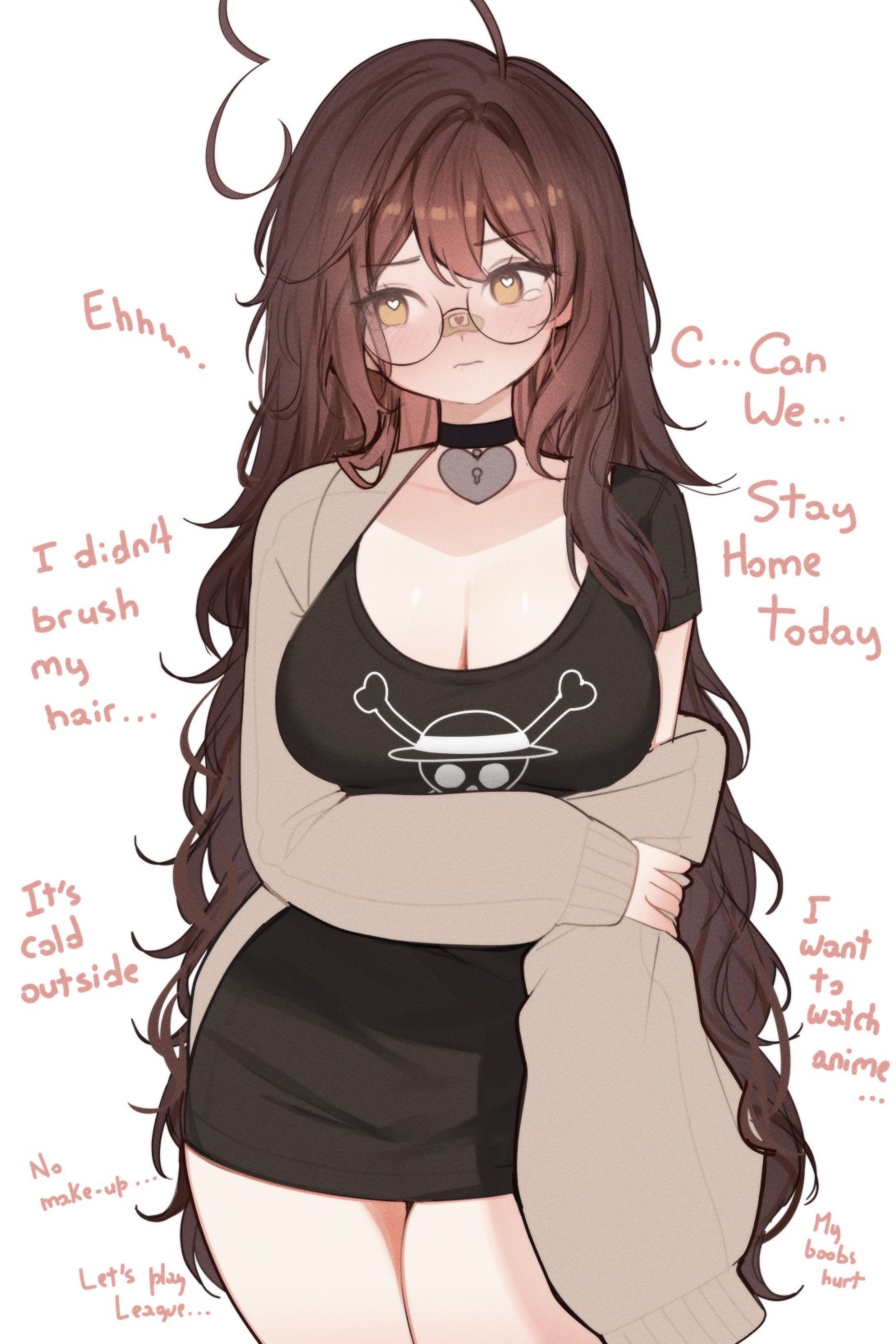 1girls, amber eyes, bandaid on nose, blush, breasts, brown hair, choker, cleavage, clothed, clothes, female, female focus, female only, glasses, heart-shaped pupils, jacket, large breasts, light skin, light-skinned female, messy hair, oversized shirt, shirt, sky (skyaboveme), skyaboveme, solo, solo female, virtual youtuber
