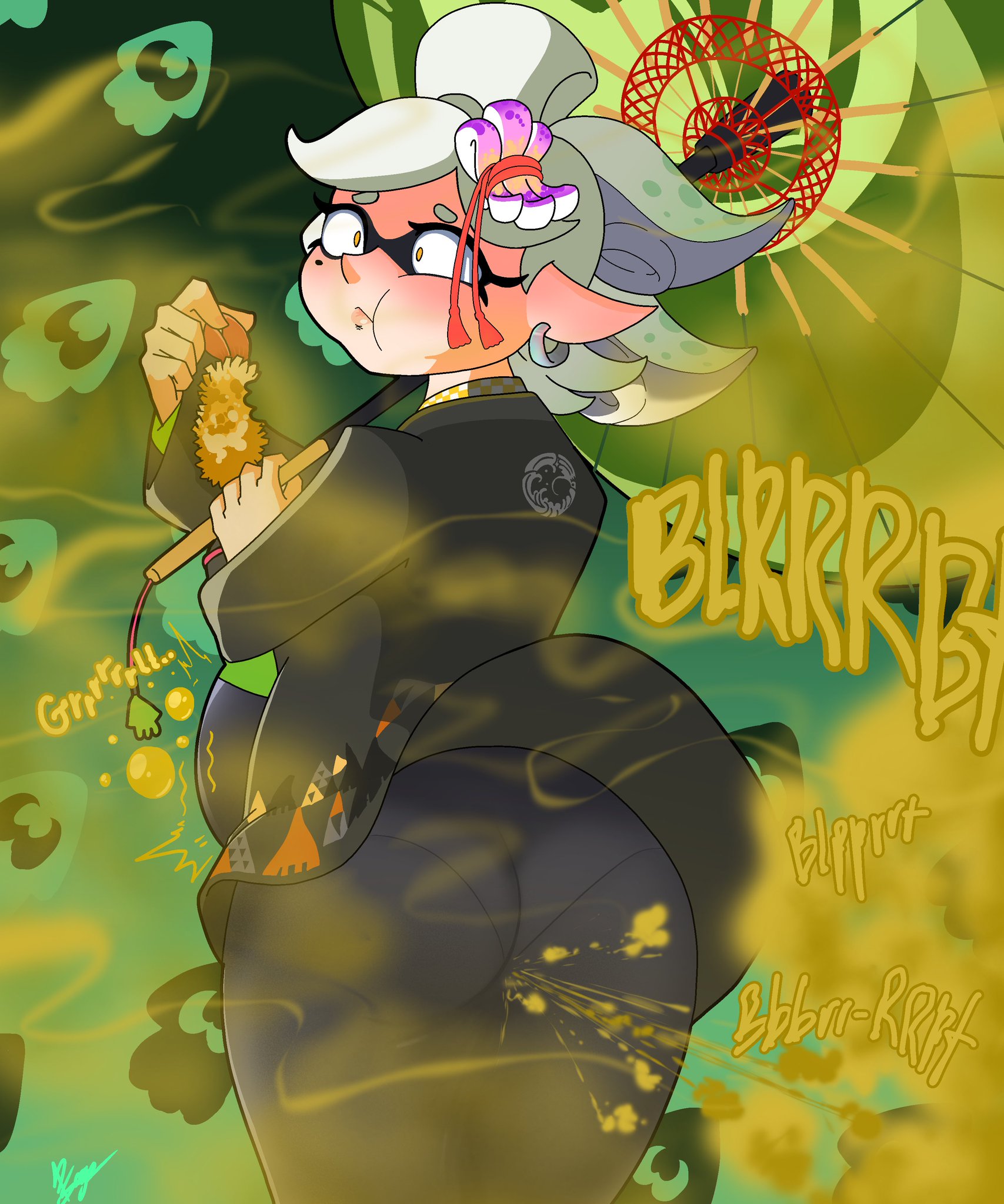 big belly, bloated belly, blush, bowel sounds, bubble butt, fart, fart cloud, fart fetish, farting, fat ass, female, female only, kimono, marie (splatoon), nintendo, splatoon, splatoon (series), stomach noises, thepervysage, thick ass, white hair
