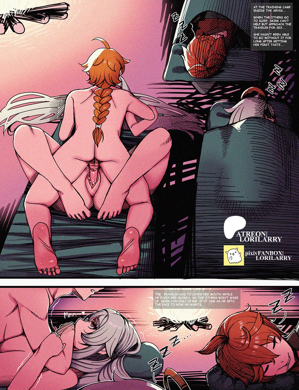 2boys, 2girls, 5 toes, aether (genshin impact), ahoge, ass, balls, ballsack, blonde hair, blonde male, blonde-haired male, breasts, campfire, camping, childe (genshin impact), closed eyes, cock, completely naked, completely naked female, completely naked male, completely nude, completely nude female, completely nude male, covering, covering another, covering another's mouth, covering mouth, dick, dominant, dominant male, dominated, domination, english, english language, english subtitles, english text, erect penis, erection, eyes, feet, female, female dominated, female on bottom, female on male, female penetrated, female with male, female/male, females, fire, fully naked, fully naked female, fully naked male, fully nude, fully nude female, fully nude male, genshin impact, grabbing, grabbing another's arm, grabbing arm, hair, hand on another's arm, hand on another's mouth, hand on arm, hand on mouth, hand over another's mouth, hand over mouth, hands, heart, heart symbol, hoyoverse, laying, laying back, laying down, laying on back, legs, legs around, legs around partner, legs wrap, legs wrapped around, legs wrapped around partner, light skin, light-skinned female, light-skinned male, long hair, long-haired female, long-haired male, looking at another, looking at partner, looking pleasured, looking up, looking up at another, looking up at partner, lorilarry, lying, lying down, lying on back, male, male dom, male dominating, male dominating female, male domination, male on female, male on top, male penetrating, male penetrating female, male with female, male/female, maledom, males, medium breasts, medium tits, mihoyo, missionary, missionary pose, missionary position, missionary sex, moan, moaning, moaning in pleasure, multiple boys, multiple females, multiple girls, multiple males, naked, naked female, naked female naked male, naked female with naked male, naked male, naked male naked female, naked male with naked female, nude, nude female, nude male, on back, orange hair, orange-haired male, outdoor sex, outdoors, outdoors sex, outside, paimon (genshin impact), penetration, penis, pleasure face, pleasured face, pleasured female, pussy, red eyes, sex, short hair, short-haired male, skirk (genshin impact), sleeping, sleeping bag, stealth, stealth sex, straight, straight sex, tartaglia (genshin impact), testicles, text, text box, two panel, two panel image, two panels, vagina, vaginal penetration, vaginal sex, white hair, white-haired female