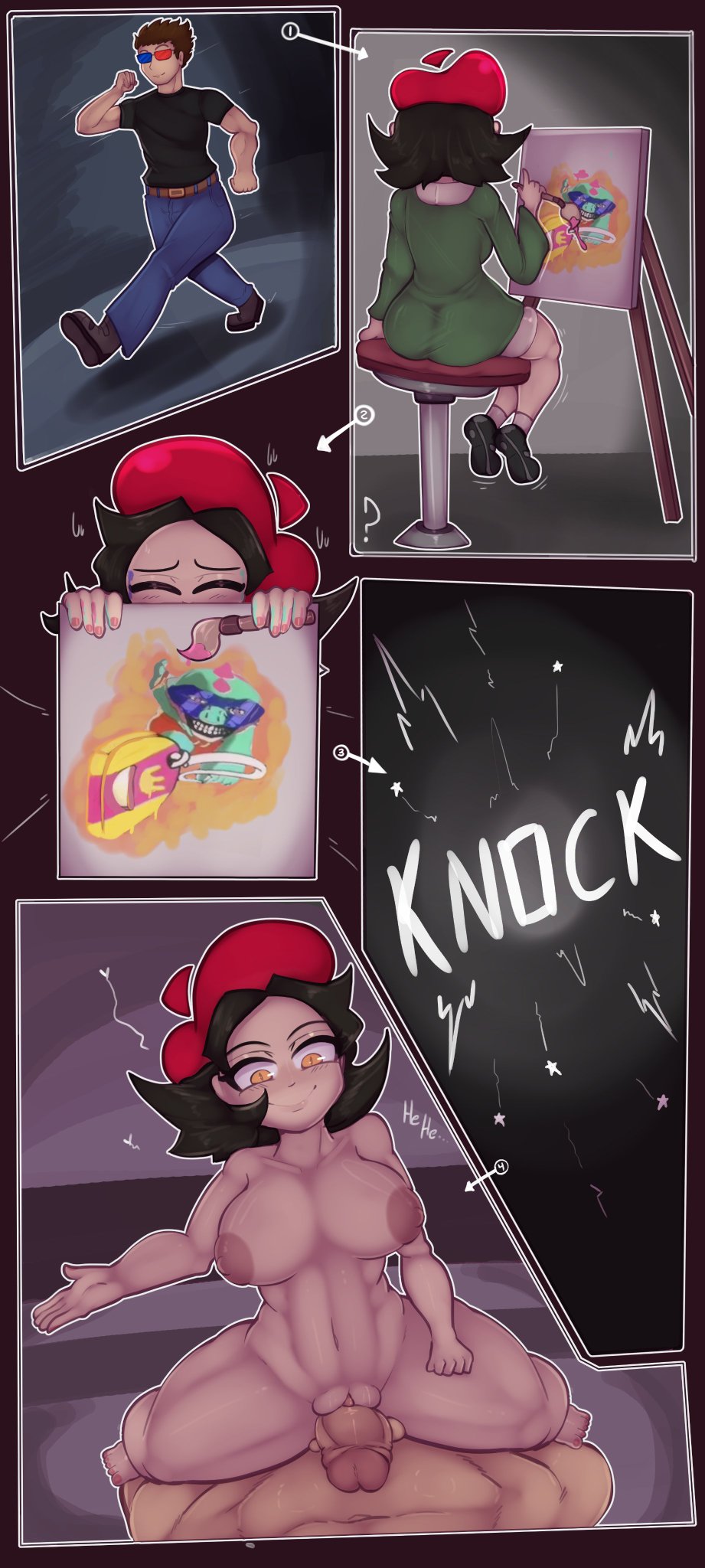 1boy, 1girls, 2025, 3d glasses, adeleine, beret, black hair, brawl stars, breasts, brown hair, buzz (brawl stars), canvas, chair, closed eyes, clothing, comic, commission, commission art, commissioner upload, cowgirl position, female, female on top, full body, hal laboratory, imminent penetration, imminent rape, imminent sex, kirby (series), kirby 64, kirby 64: the crystal shards, male, male pov, meme, naked, naked female, naked male, nintendo, nude, nude female, nude male, orange eyes, paintbrush, painting, penis, possessed, possession, pov, pussy, sfcompany1e (artist), short hair, sitting on chair, smiling, supercell, vagina, walking