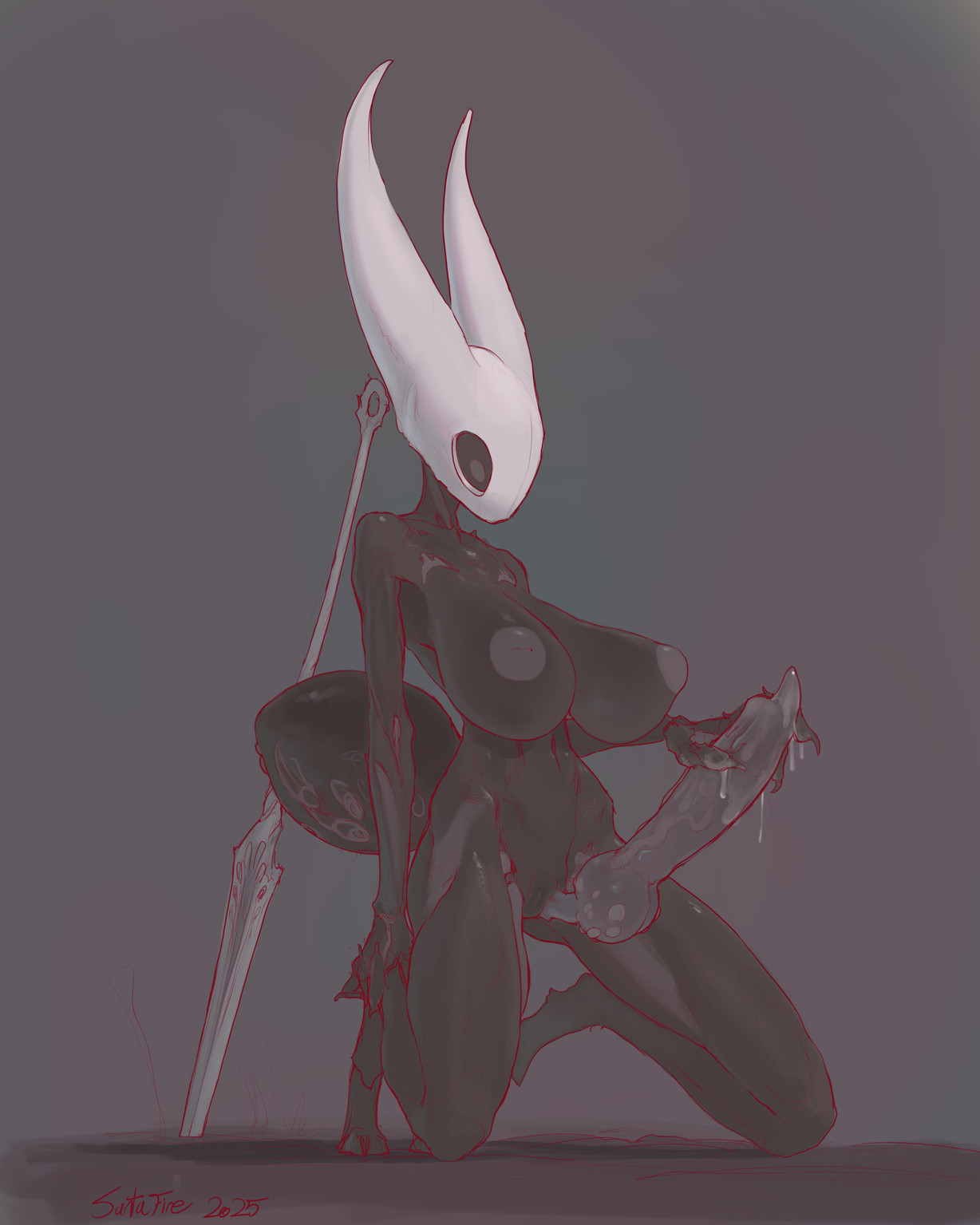 1futa, 2 horns, arthropod, arthropod abdomen, artist name, big ass, black body, black skin, breasts, bug, cavity storage, erection, female, futa only, futa sans balls, futanari, gameplay mechanics, hollow knight, hollow knight: silksong, hornet (hollow knight), huge breasts, huge cock, intersex, kneeling, penis, santafire, silksong, skinny, skinny female, solo, team cherry