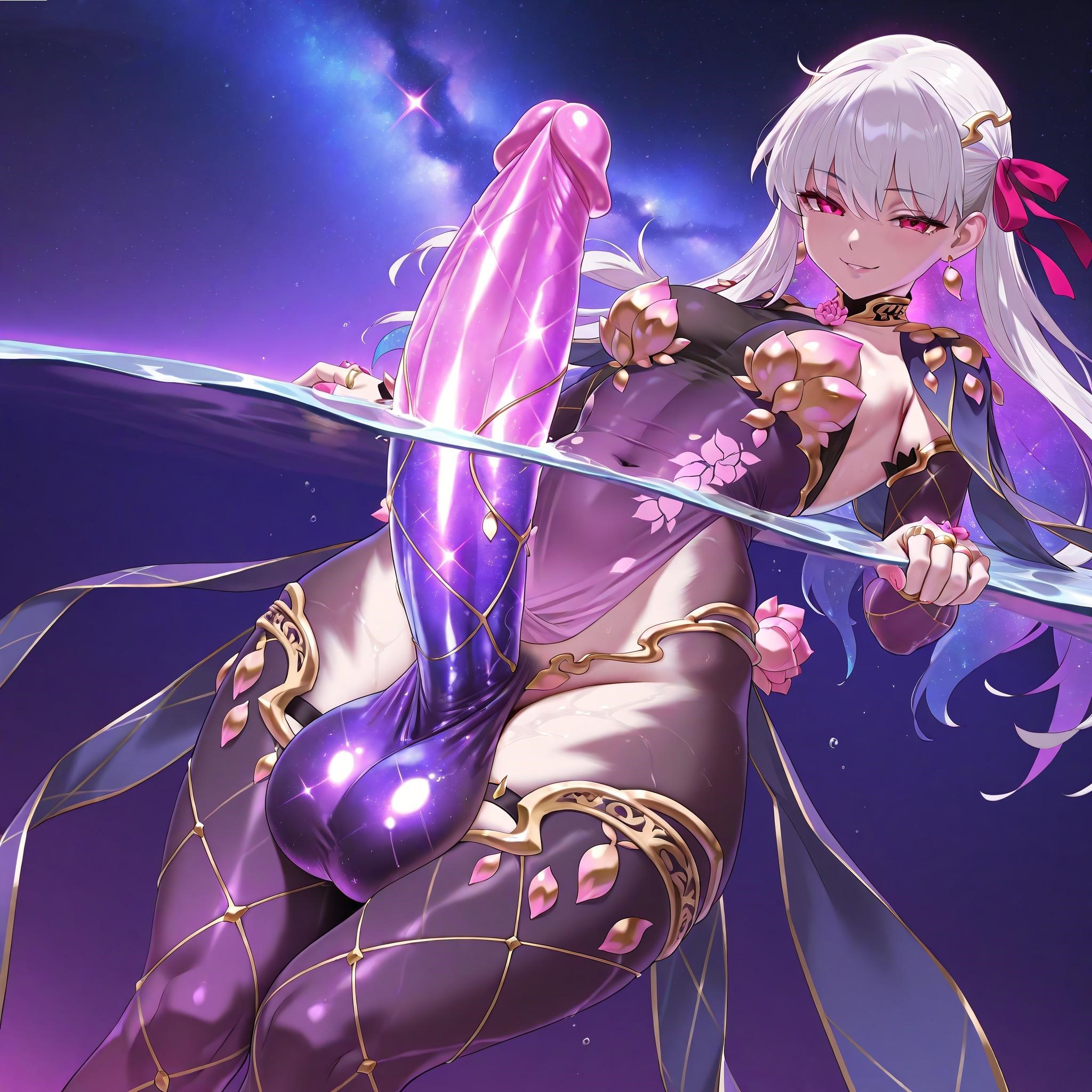 1futa, ai generated, breasts, cosmic background, cosmic skin, fate (series), fate/grand order, futa only, futanari, huge cock, intersex, kama (fate), kama (fate/grand order), light-skinned futa, looking at viewer, medium breasts, nameless gooner, partially underwater shot, penis, pink eyes, pink penis, purple penis, self upload, solo, submerged legs, swimming, thighs, underwater, water, white hair