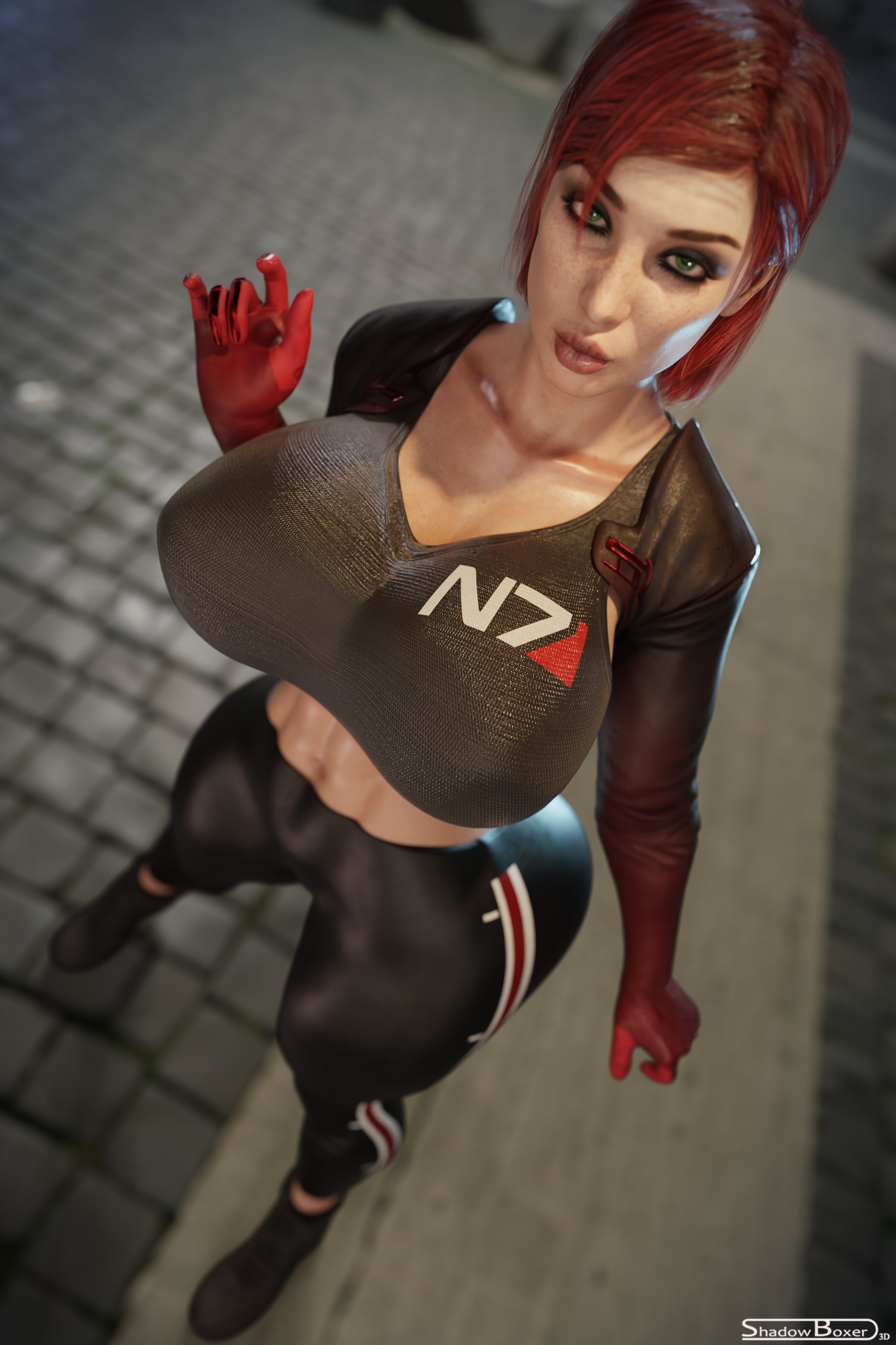 1girls, 2025, 3d, alternate body type, alternate breast size, alternate version available, breasts, clothed, clothed female, commander shepard, crop top, female, female only, femshep, full body, huge breasts, jane shepard, mass effect, mass effect 2, mass effect 3, medium hair, nude version available, outdoors, shadowboxer, solo, tight clothing, toned, toned female