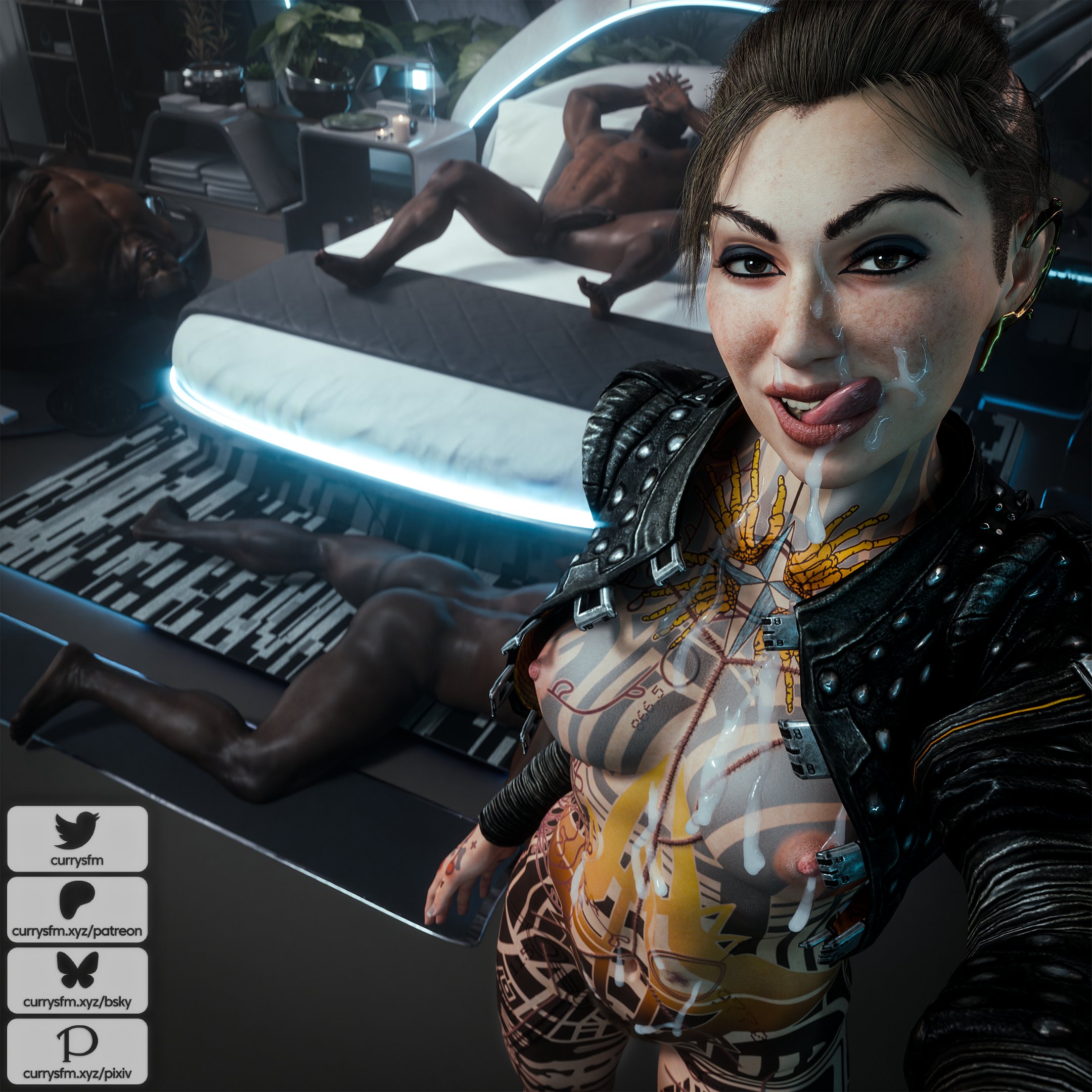 1girls, 2025, 3boys, 3d, alternate version available, areolae, balls, black eyeshadow, breasts, brown eyes, completely nude, cum, cum drip, cum dripping, cum on belly, cum on body, cum on breasts, cum on chest, cum on face, currysfm, dark-skinned male, detailed background, earrings, eyeliner, eyeshadow, freckles, freckles on face, fucked to exhaustion, full body tattoo, functionally nude, indoors, interracial, jack (mass effect), jacket, jacket only, jacket open, leather jacket, licking, licking cum, licking lips, lipstick, looking at viewer, mass effect, mass effect 3, meme, nipples, nude, nude female, nude male, penis, post-orgasm, satisfied, satisfied look, selfie, shaved side, shaved sides, skin tone difference, tied hair