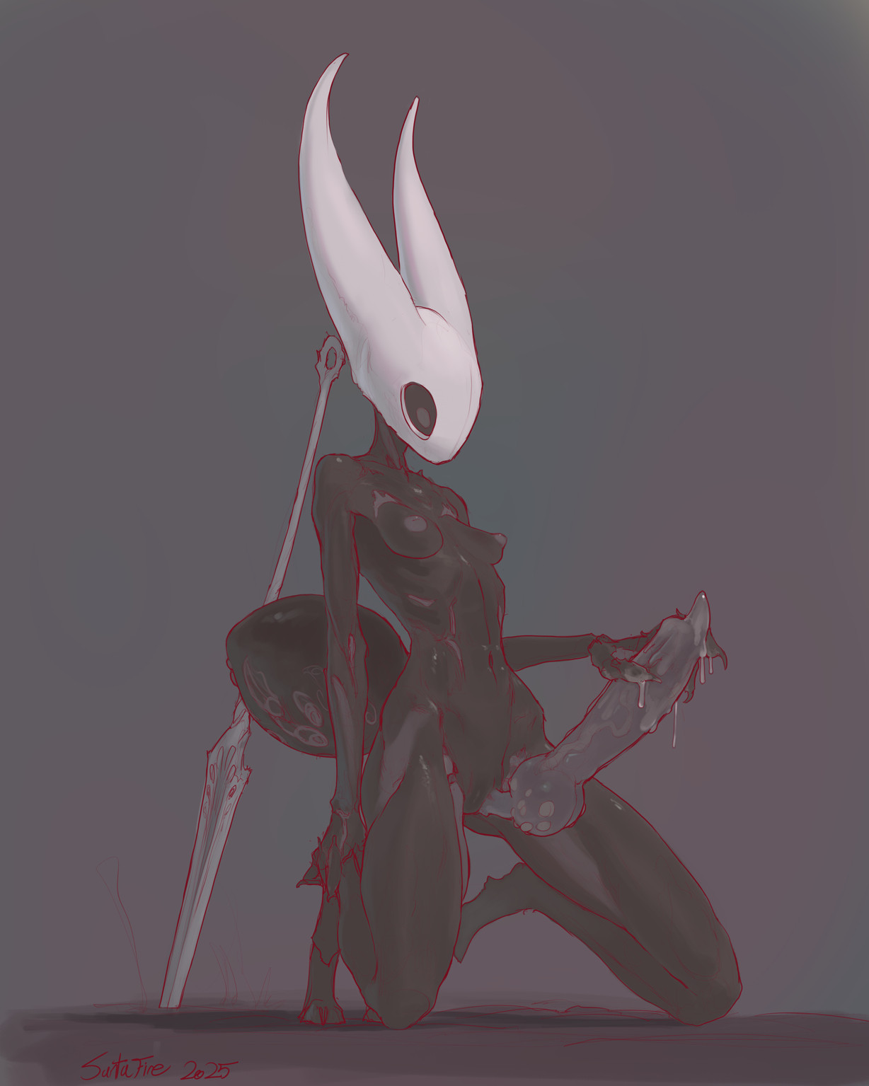 1futa, 2 horns, arthropod, arthropod abdomen, artist name, black body, black skin, bug, cavity storage, erection, female, flat chest, futa sans balls, futanari, gameplay mechanics, hollow knight, hollow knight: silksong, hornet (hollow knight), intersex, santafire, silksong, skinny, skinny female, team cherry