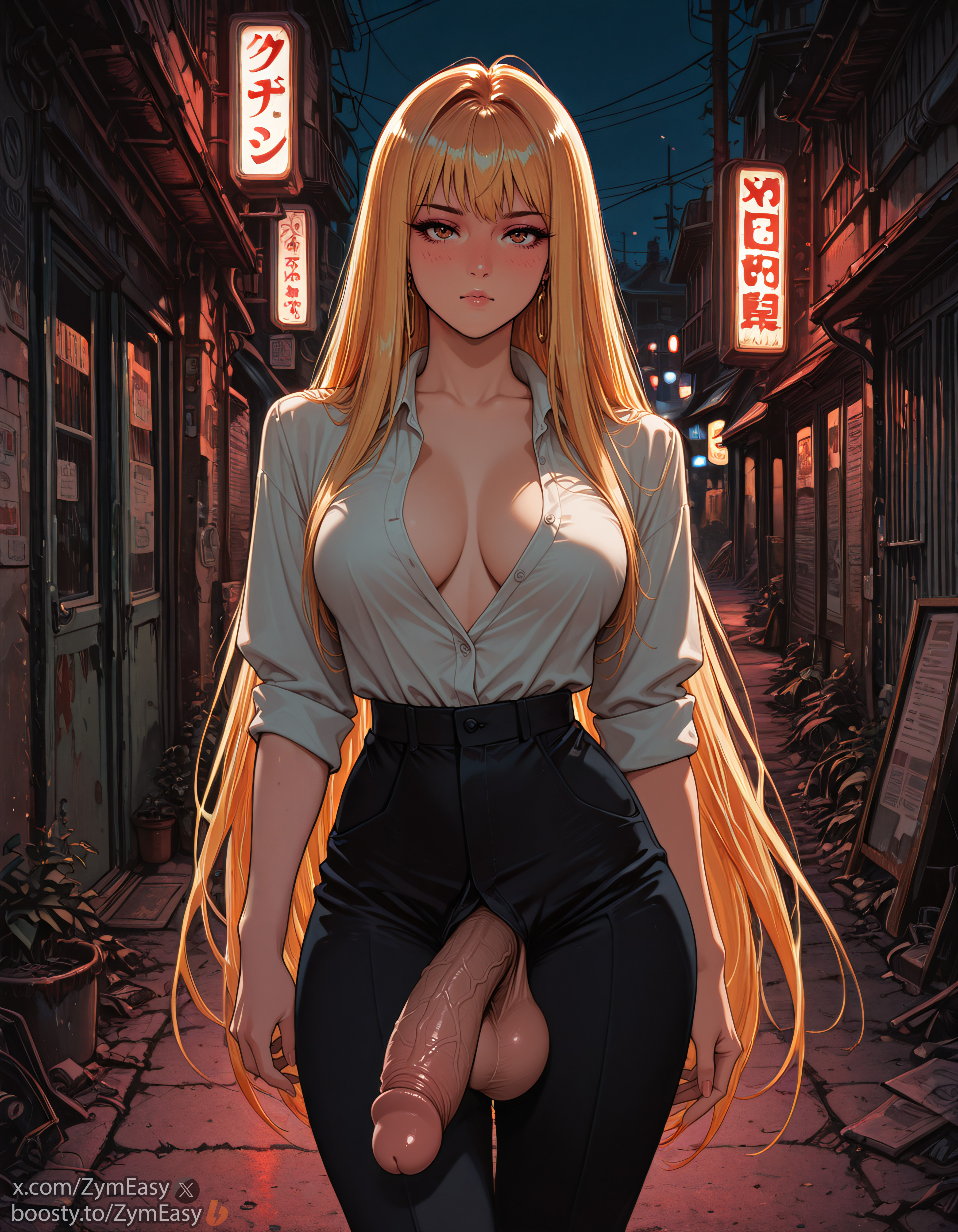 1futa, ai generated, blonde hair, boosty username, cock keyhole clothing, futa only, futanari, intersex, long hair, penis, self upload, twitter username, unbuttoned, zymeasy