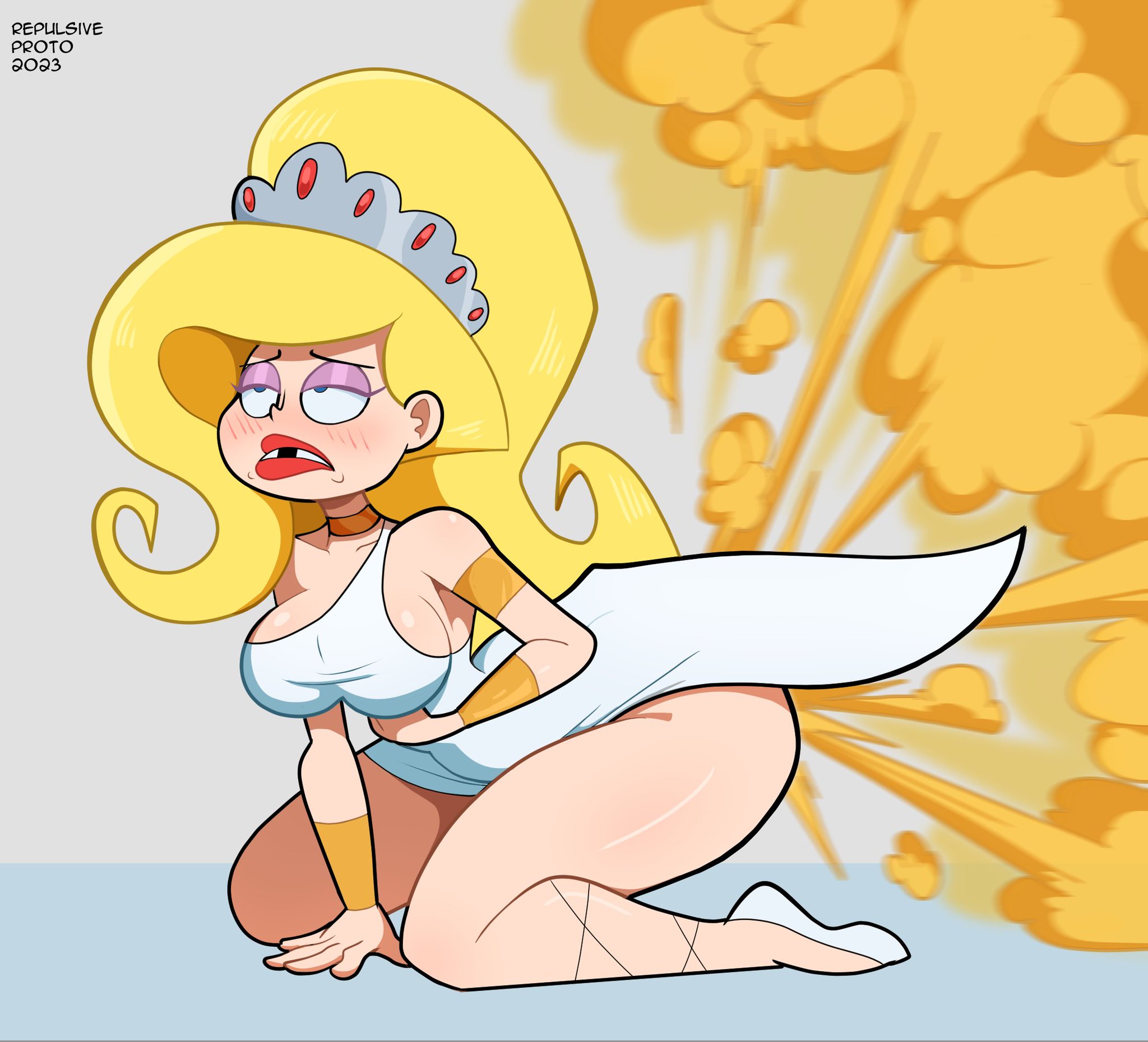 alternate version available, big breasts, blonde hair, breasts, cartoon network, eris (billy and mandy), fart, fart cloud, fart fetish, farting, female, female only, goddess, on knees, repulsiveproto, the grim adventures of billy and mandy, thick thighs
