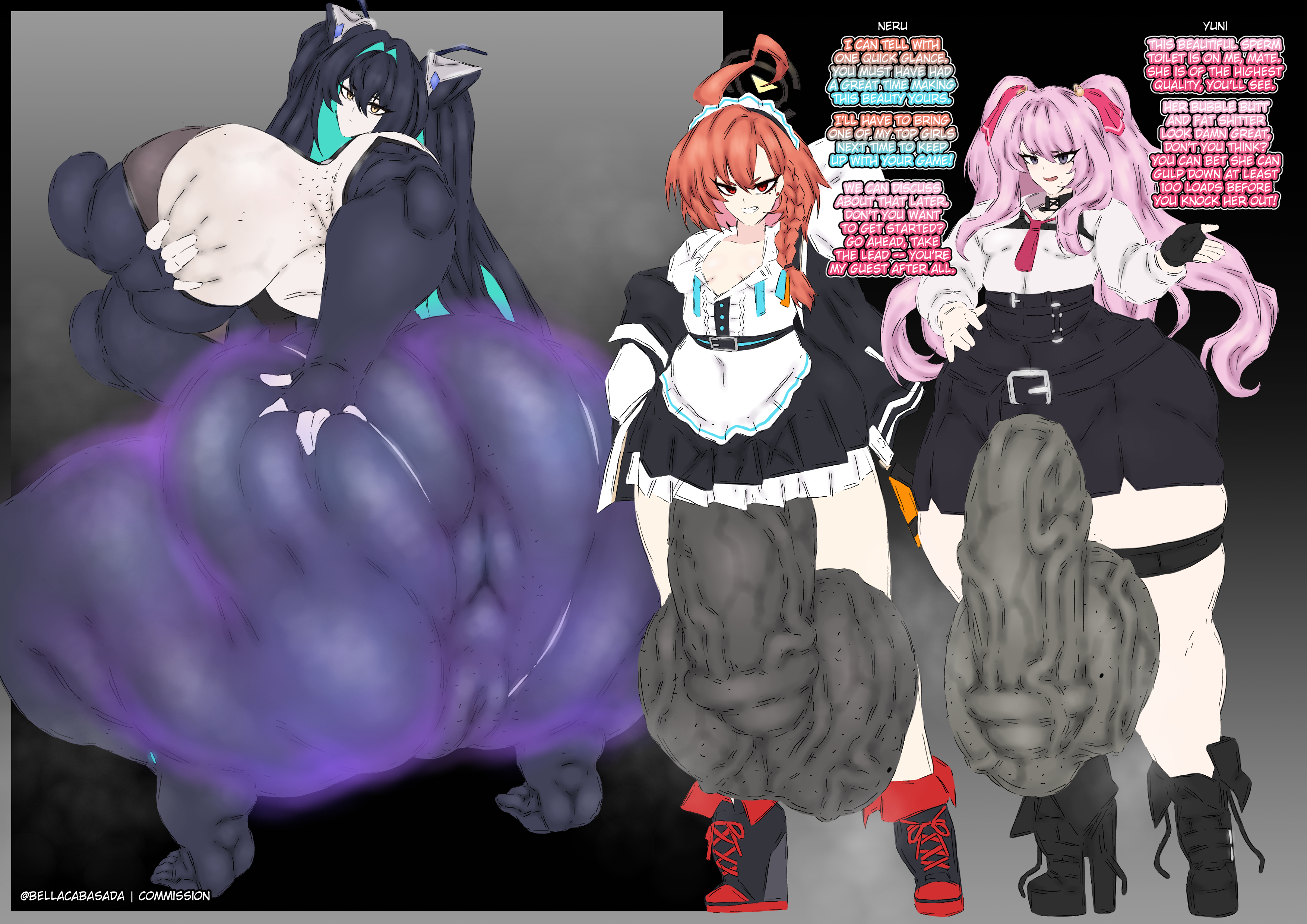 1girls, 2futas, ass, bellacabasada, blue archive, female, futa focus, futanari, gigantic penis, goddess of victory: nikke, huge ass, huge cock, intersex, little mermaid (nikke), multiple penises, neru (blue archive), penis, siren (nikke), standing, yuni (nikke)