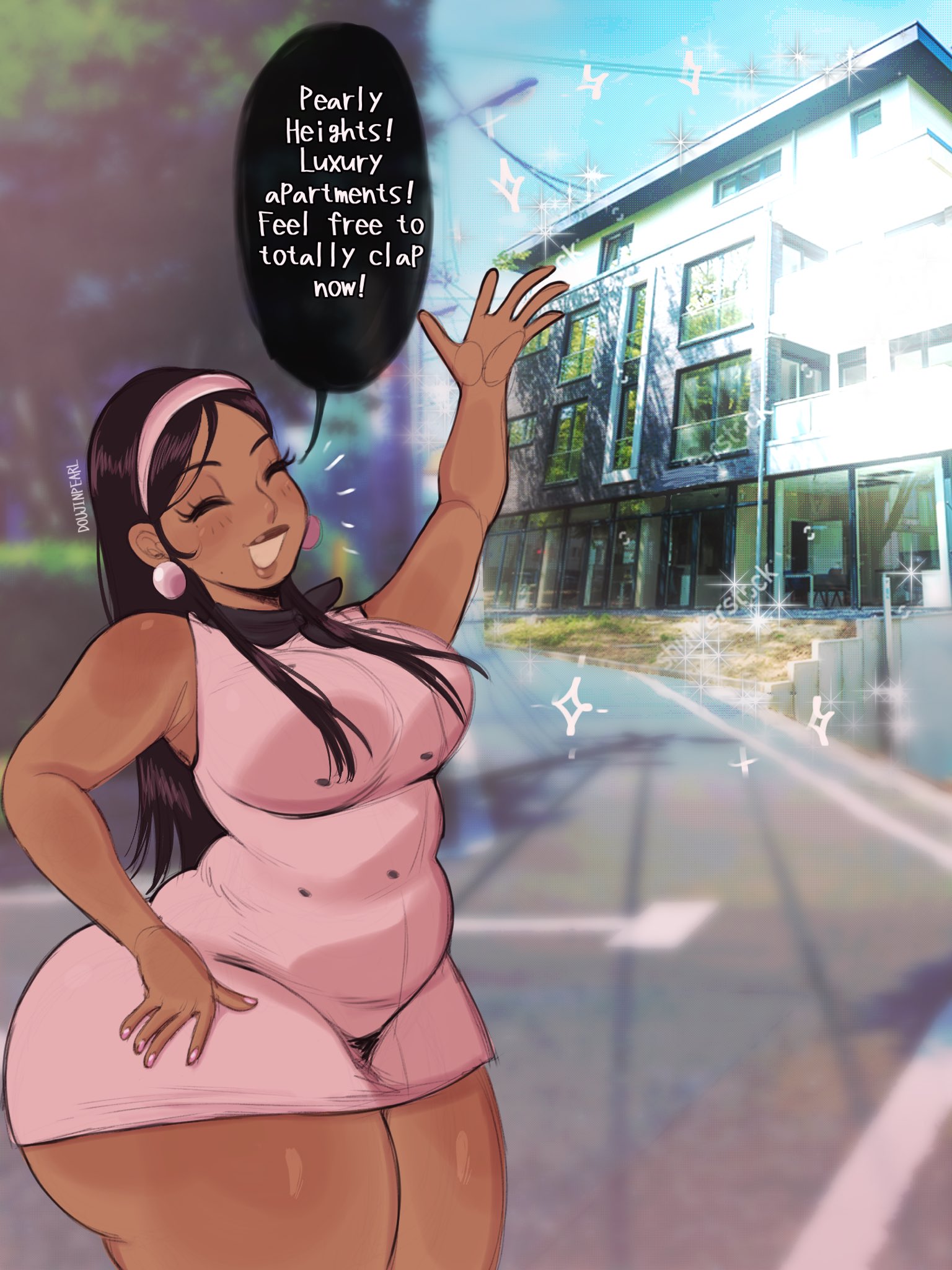 1girls, announcing, artist self-insert, ass hanging out of skirt, big breasts, black hair, breasts, building background, chubby female, dialogue, doujinpearl, english text, excited, eye closed, eyelashes, female, hands on hips, happy, light-skinned female, oc, one arm up, pearl (doujinpearl), pink earrings, pink nails, preppy, presenting, proud, real background, self insert, showing, shuttershock, smile, sparkles, stock image, straight hair, text