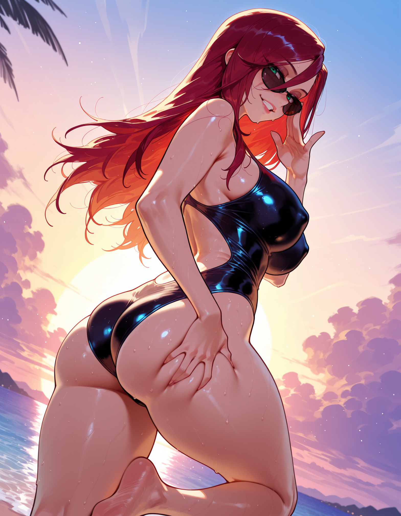1girls, adjusting eyewear, ai generated, ass, ass grab, backless swimsuit, balecxi, bare arms, bare shoulders, barefoot, beach, black one-piece swimsuit, blue one-piece swimsuit, blush, breasts, clothing, clothing cutout, cloud, competition swimsuit, covered nipples, curvaceous, curvaceous female, curvaceous figure, curvy, curvy figure, deep skin, eyewear, feet, female, female focus, female only, from behind, grabbing own ass, green eyes, grin, hair between eyes, highleg, highleg swimsuit, inviting, katarina du couteau, large breasts, league of legends, lips, long hair, looking at viewer, looking back, looking over eyewear, ocean, one-piece swimsuit, outdoors, palm tree, parted lips, presenting, presenting ass, presenting breasts, presenting hindquarters, presenting self, red hair, sand, scar, scar across eye, scar on face, seductive, seductive look, seductive smile, shiny clothes, shiny skin, skindentation, sky, smile, soles, solo, standing, standing on one leg, sun, sunglasses, sunset, swimsuit, teeth, thighs, tinted eyewear, toes, voluptuous, voluptuous female, water, wet, wet swimsuit
