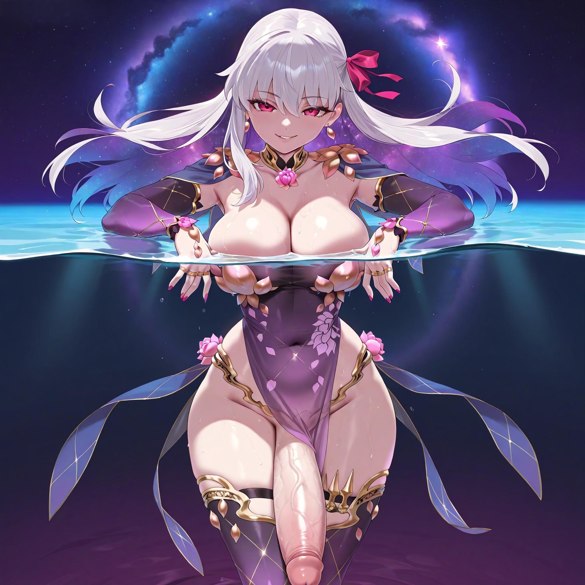 1futa, ai generated, armpits, big breasts, breasts, cosmic background, fate (series), fate/grand order, futa only, futanari, huge cock, intersex, kama (fate), kama (fate/grand order), light-skinned futa, looking at viewer, nameless gooner, partially underwater shot, penis, pink eyes, self upload, solo, submerged legs, swimming, thighs, underwater, veiny penis, water, white hair