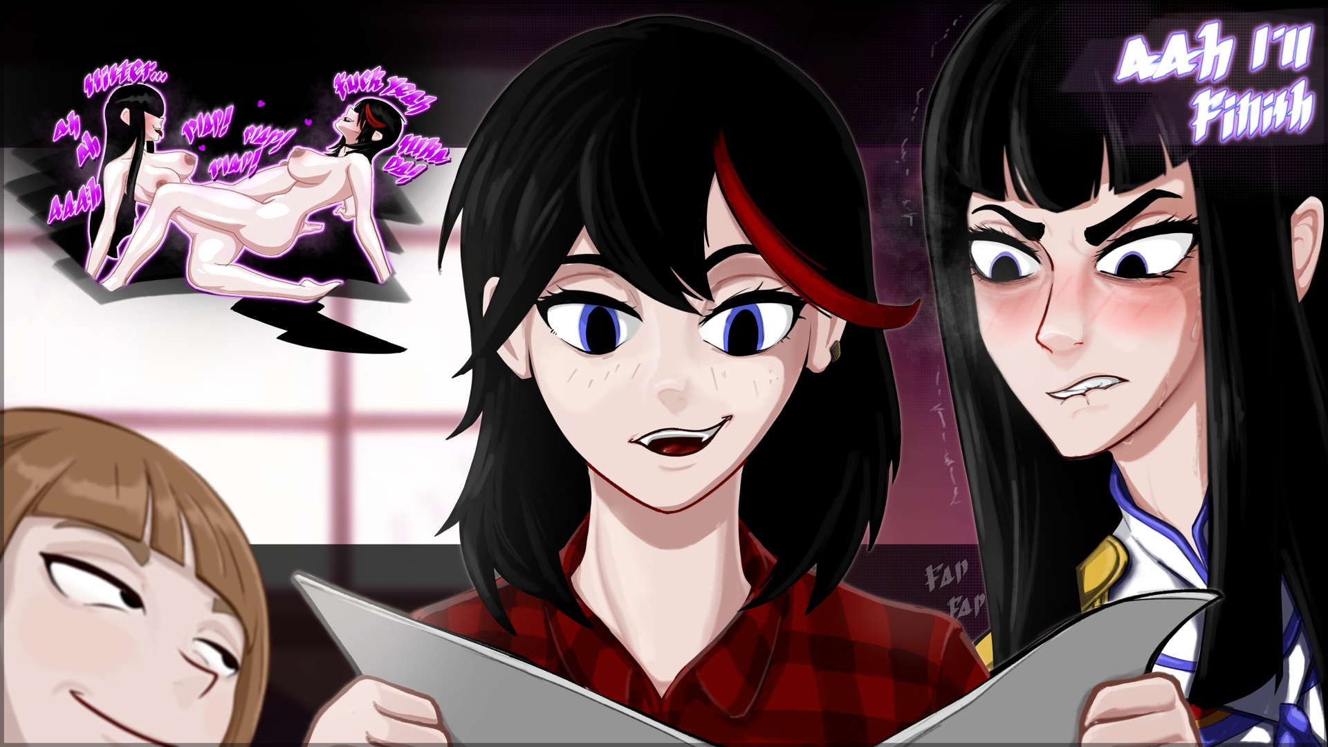 3girls, angry masturbation, arm support, biting own lip, black hair, black-haired female, blue eyes, blush, breasts, brown hair, daftszeller, english text, female, female only, female/female, implied masturbation, incest, indoors, kill la kill, kiryuuin satsuki, lesbian sex, looking at own porn, mankanshoku mako, masturbation, matoi ryuuko, multiple females, multiple girls, nude, nude female, offscreen masturbation, open mouth, pussy, pussy grinding, pussy to pussy, reading, reading pornography, red highlights, scissoring, sisters, smirk, spread legs, teenage female, teenager, teenager on teenager, text, tribadism, yuri