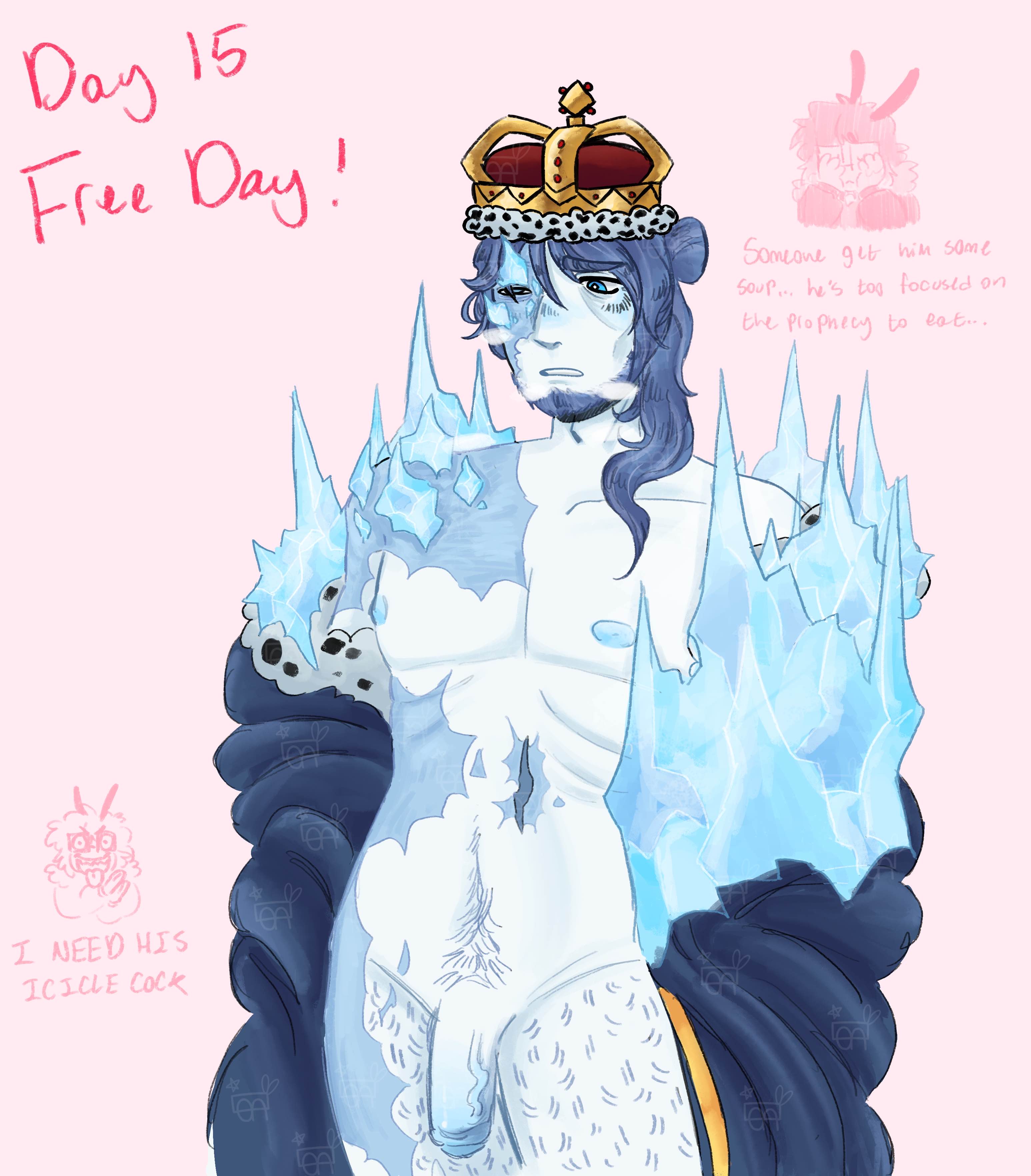 1boy, blind eye, block tales, blue body, blue eyes, blue hair, blue skin, bunnyolin, crown, cruel king (block tales), doodle, hair in bun, hair in ponytail, hair up, headcanon, ice, king, king robes, kinktober 2025, leg hair, limp penis, long hair, male, nipples, not hard, one eye obstructed, penis, pink background, ribs, robes, roblox, roblox game, robloxian, scars, scars all over, scars on arm, scars on chest, scars on face, scars on stomach, scars on thighs, self upload, solo, solo focus, solo male, stab scar, standing, stripped down, stripping, stripping clothes, taking clothes off, taking off robe, text, unnatural colors, visible ribs, watermark