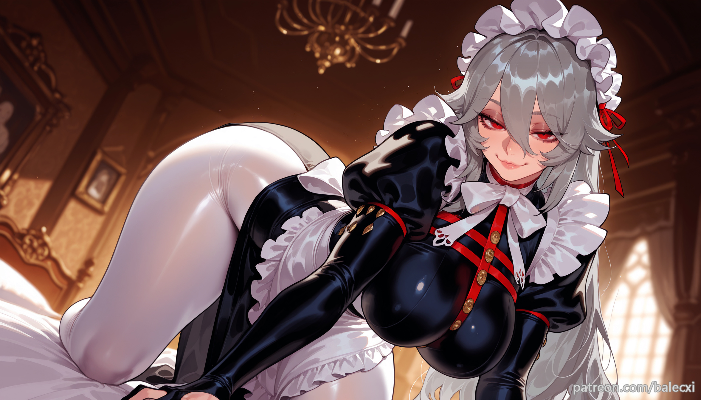 ai generated, alexandrina sebastiane, all fours, apron, balecxi, blurry, blurry background, breasts, dress, female, grey hair, hair between eyes, indoors, large breasts, long hair, long sleeves, looking at viewer, maid, maid headdress, on bed, puffy sleeves, red eyes, smile, solo, thighs, white pantyhose, zenless zone zero