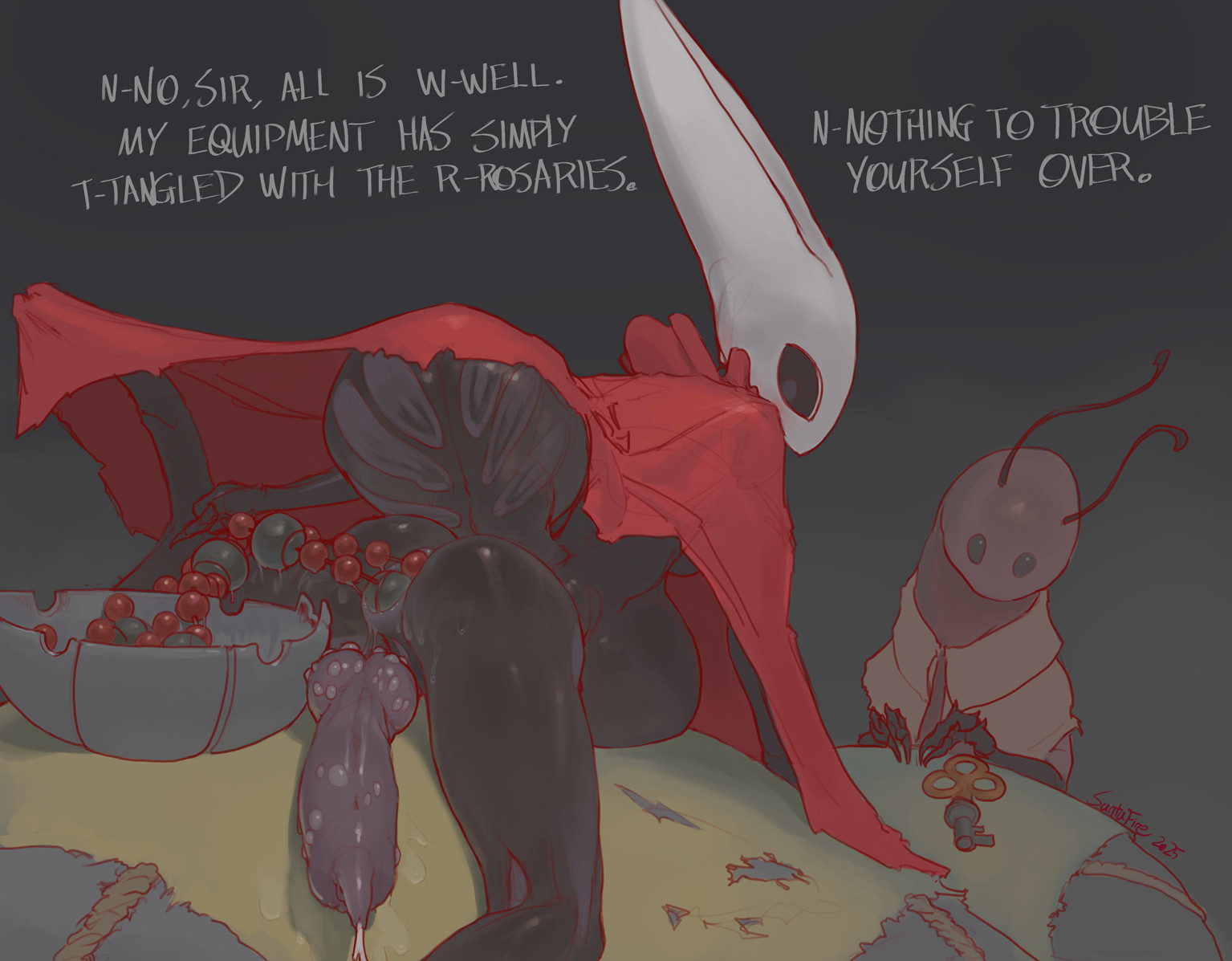 1futa, 2 horns, anal beads, anus, arthropod, artist name, beads, big ass, black body, black skin, bug, cavity storage, erection, female, flat chest, futa sans balls, futanari, gameplay mechanics, hollow knight, hollow knight: silksong, hornet (hollow knight), intersex, rosary, santafire, silksong, skinny, skinny female, team cherry