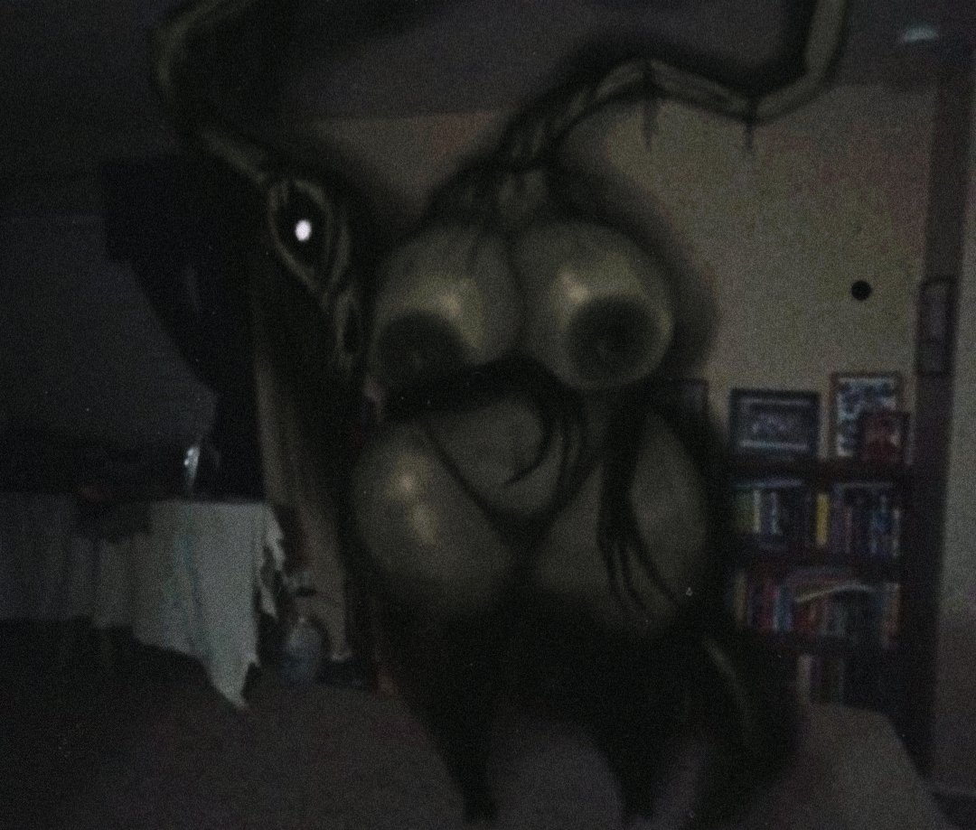 2025, big breasts, breasts, breasts bigger than head, dark body, dark room, female, female focus, flashlight, glowing eyes, guhg kemon, house, huge breasts, huge thighs, long horse (trevor henderson), looking at viewer, massive breasts, mixed media, monster, monster girl, nightmare waifu, pov, pov eye contact, skeletal, thick thighs, trevor henderson, venus body, voluptuous, voluptuous female, wide hips