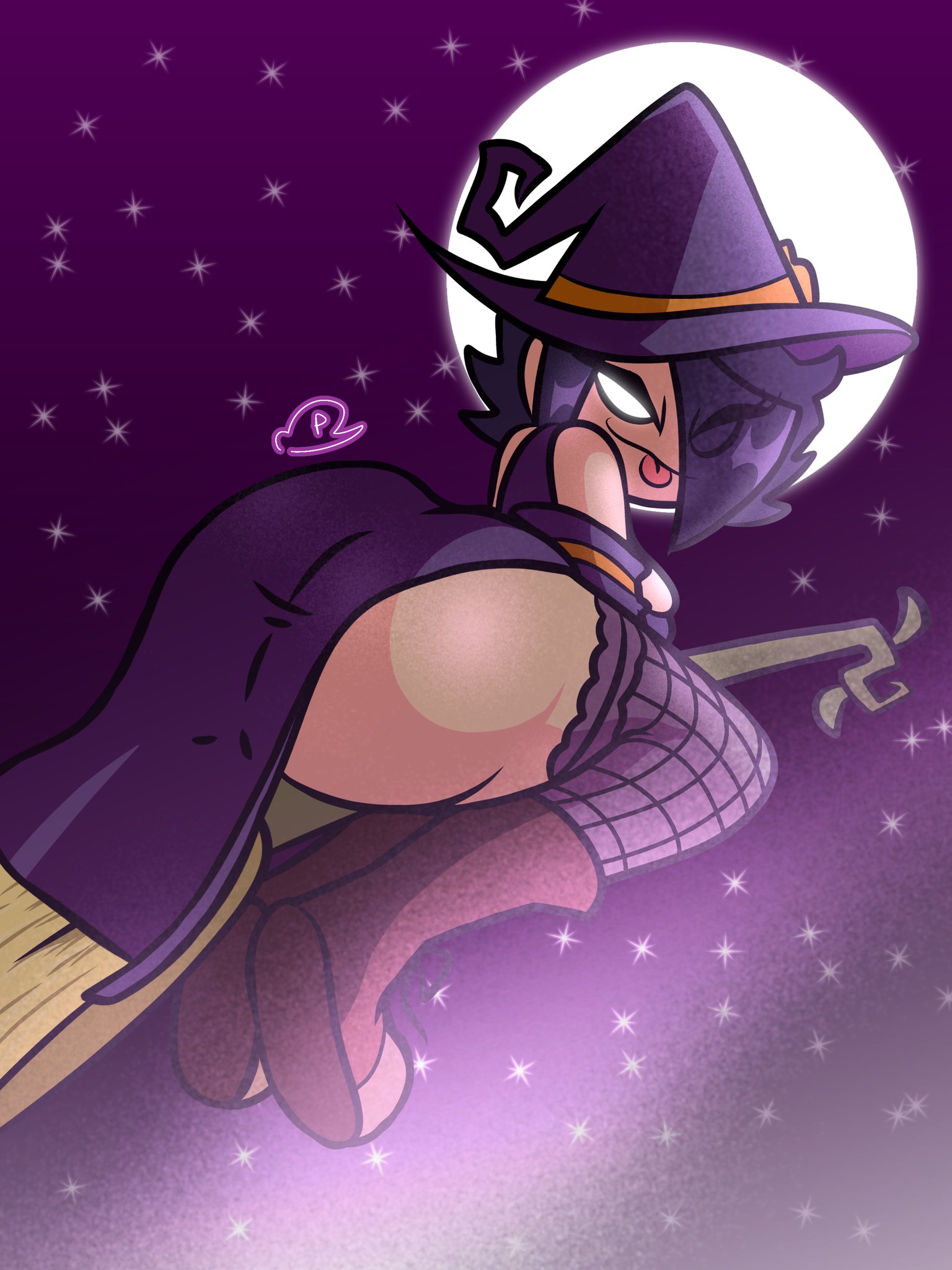 :p, 1girls, ass, big ass, black hair, boots, broom riding, broomstick, eyes visible through hair, female, fishnet stockings, friday night funkin, full moon, fully clothed, hair over one eye, jack-o-nene, looking over shoulder, moon, narrowed eyes, nene (newgrounds), newgrounds, night, night sky, no pupils, pugafnf, shoes, smirk, solo, tagme, tongue out, white eyes, witch, witch hat