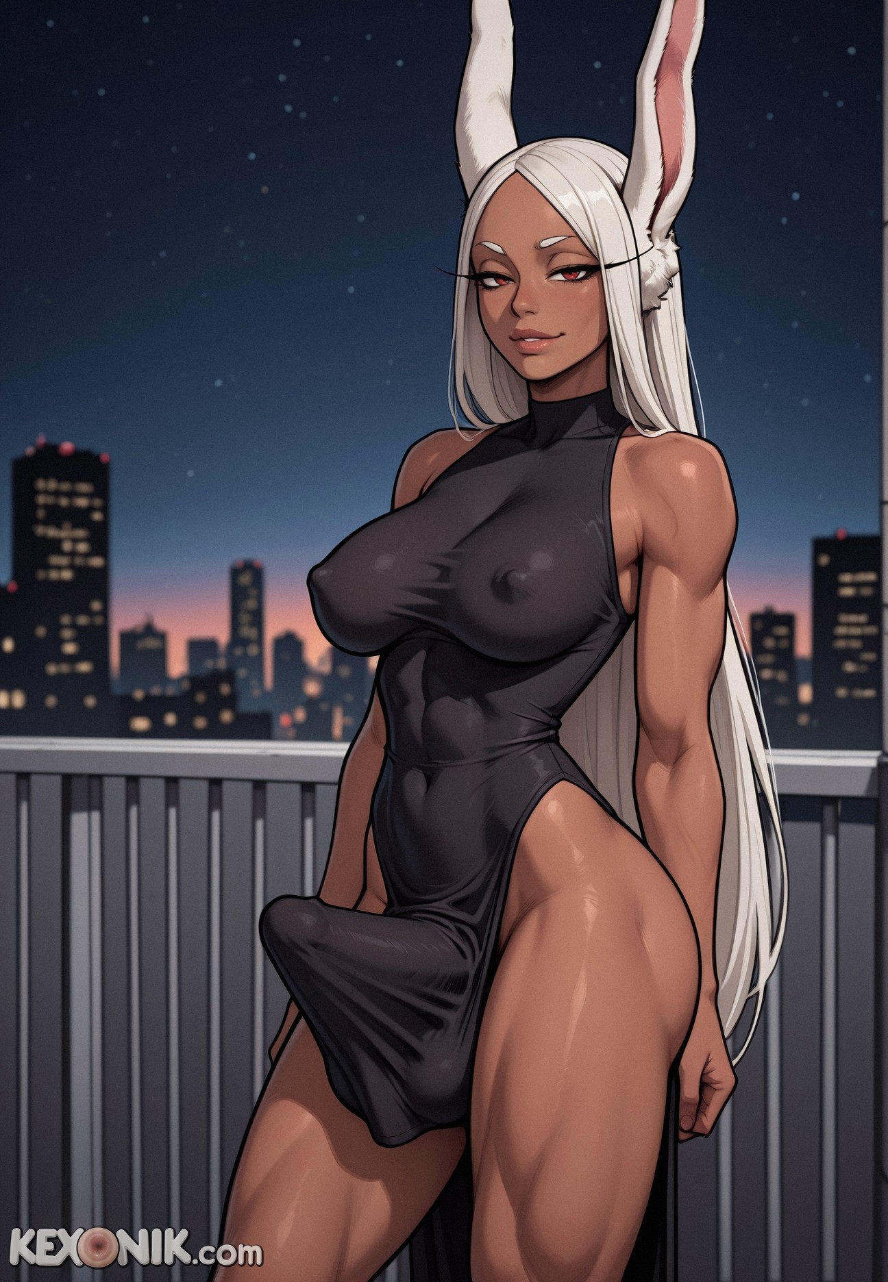 1futa, ai generated, armpits, balls, black dress, boku no hero academia, breasts, brown skin, bunny ears, clothed, covered abs, covered breasts, covered nipples, dickgirl, erection under clothes, female, futa only, futanari, huge ass, intersex, kexonik, large breasts, looking at viewer, mirko, miruko, my hero academia, narrow waist, narrowed eyes, rabbit ears, rabbit girl, revealing clothes, rumi usagiyama, sagging breasts, scrotum, semi-erect, solo, standing, toned, usagiyama rumi, white hair