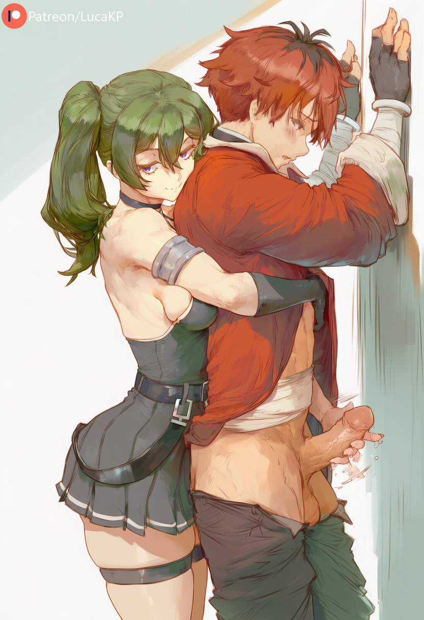 1boy, 1girls, against surface, against wall, ai generated, blush, dominant, dominant female, female, femdom, green hair, handjob from behind, hugging, hugging from behind, jerking, jerking off, jerkingoff, jerkingoff another, looking at viewer, lucakp, male, pants down, patreon, patreon link, patreon logo, patreon url, patreon username, red hair, simple background, sousou no frieren, stark (sousou no frieren), tagme, ubel (sousou no frieren), white background