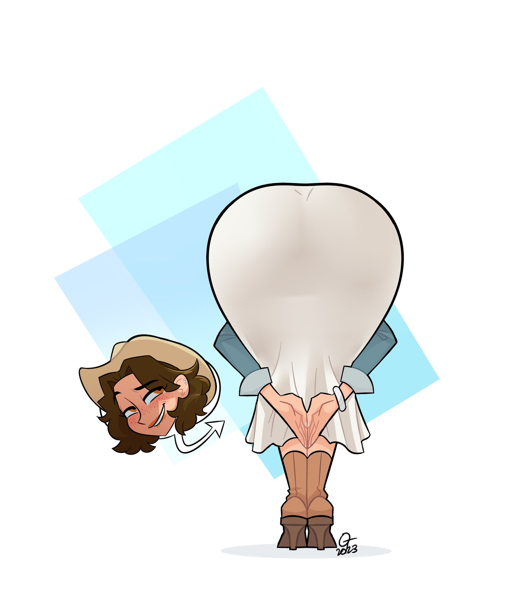 alternate version available, bent over, brown hair, dress, female, female only, oddtenn, praise da booty (meme), reese (oddtenn), simple background, thick ass