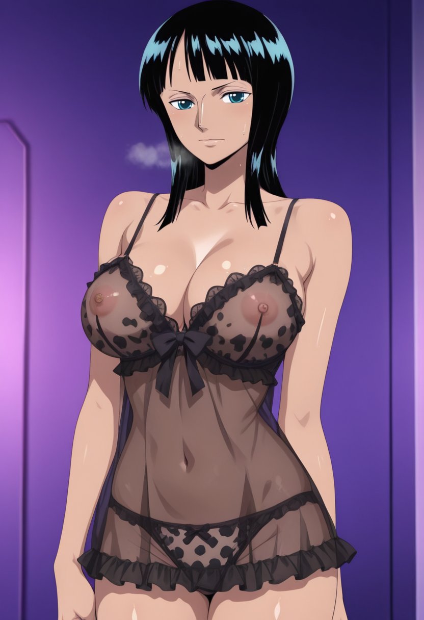 1girls, ai generated, babydoll, black hair, black-haired female, female, female only, lingerie, nico robin, nightgown, nightie, nipples, one piece, solo female