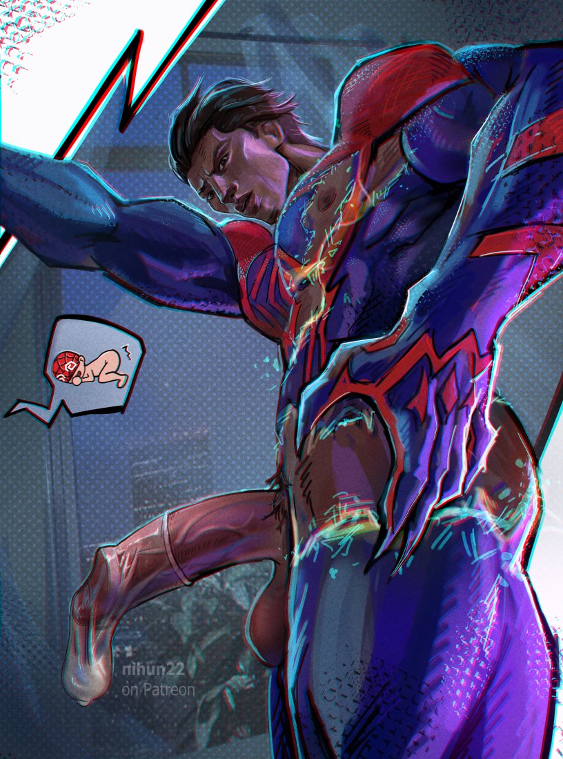 bara, big penis, boner, cock, condom, condom balloon, condom filling, condom on penis, dick, erection, gay, huge cock, male, male only, marvel, marvel comics, mexican, miguel o'hara, muscular, muscular male, nihun, penis, solo, solo focus, solo male, spider-man 2099, spider-man: across the spider-verse, spider-verse, thick penis, yaoi