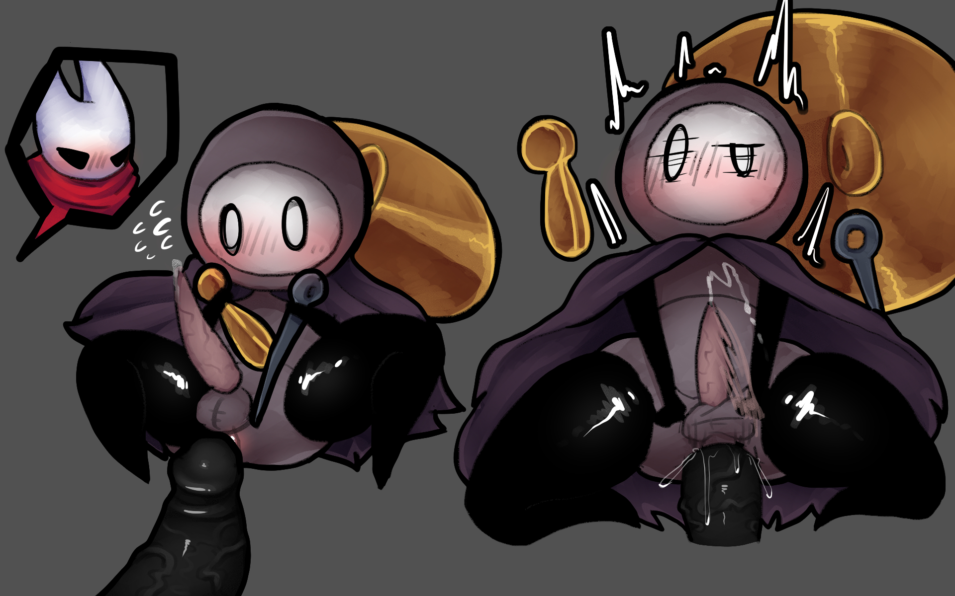 1boy, 1futa, alternate body type, anal, anal sex, anthro, breasts, chubby male, cum in ass, cum inside, dark-skinned futa, femboy, futa on male, futanari, hollow knight, hollow knight: silksong, hornet (hollow knight), intersex, large breasts, male, monster, penis, puffy anus, sherma (hollow knight), whitewo1f