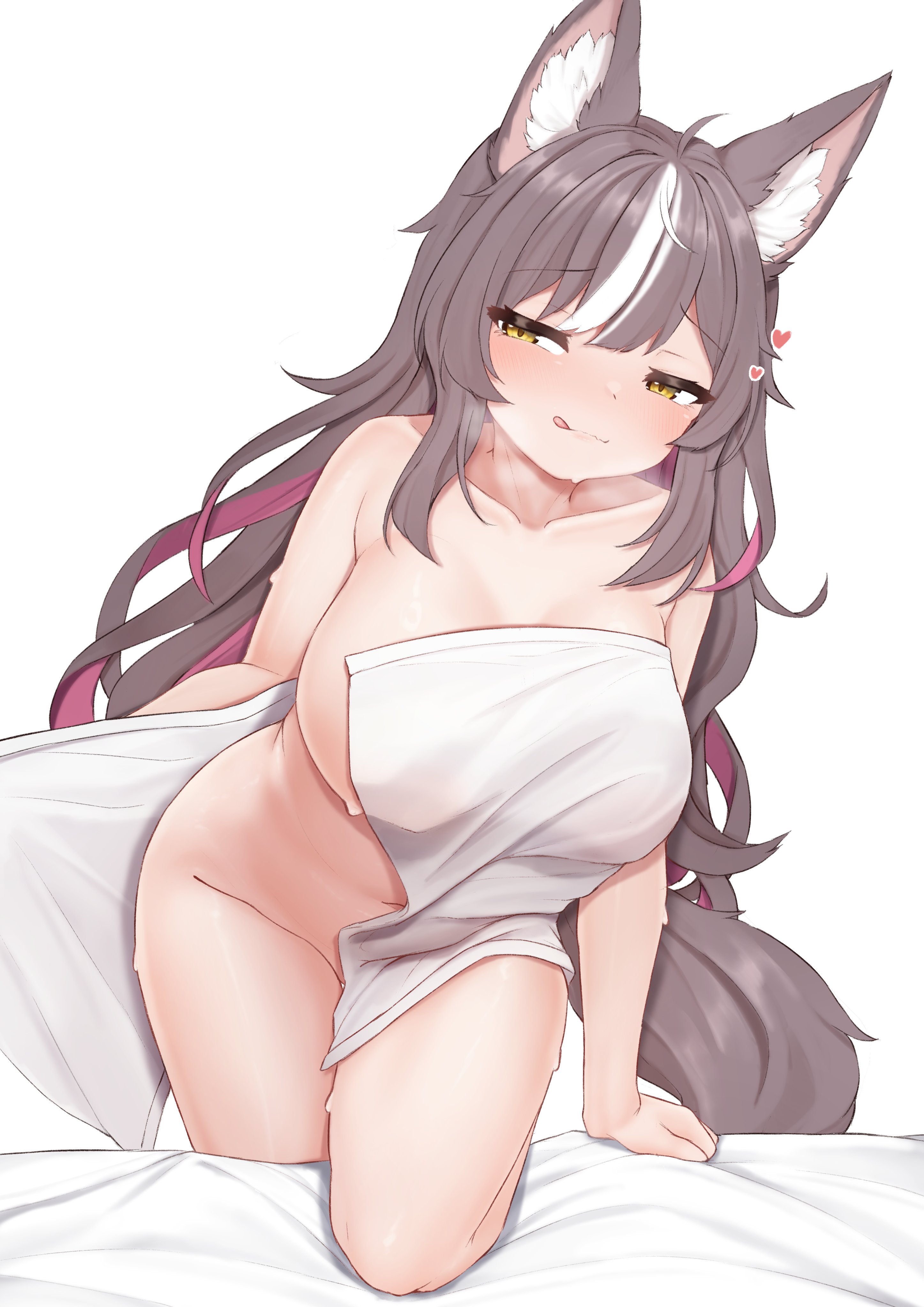 :q, absurdres, animal ear fluff, animal ears, breasts, brown hair, chisaka airi, closed mouth, female, heart, highres, large breasts, long hair, looking at viewer, multicolored hair, naked towel, navel, phase connect, red hair, sleepypudding, smile, solo, streaked hair, tail, tongue, tongue out, towel, virtual youtuber, white background, white hair, wolf ears, wolf girl, wolf tail, yellow eyes