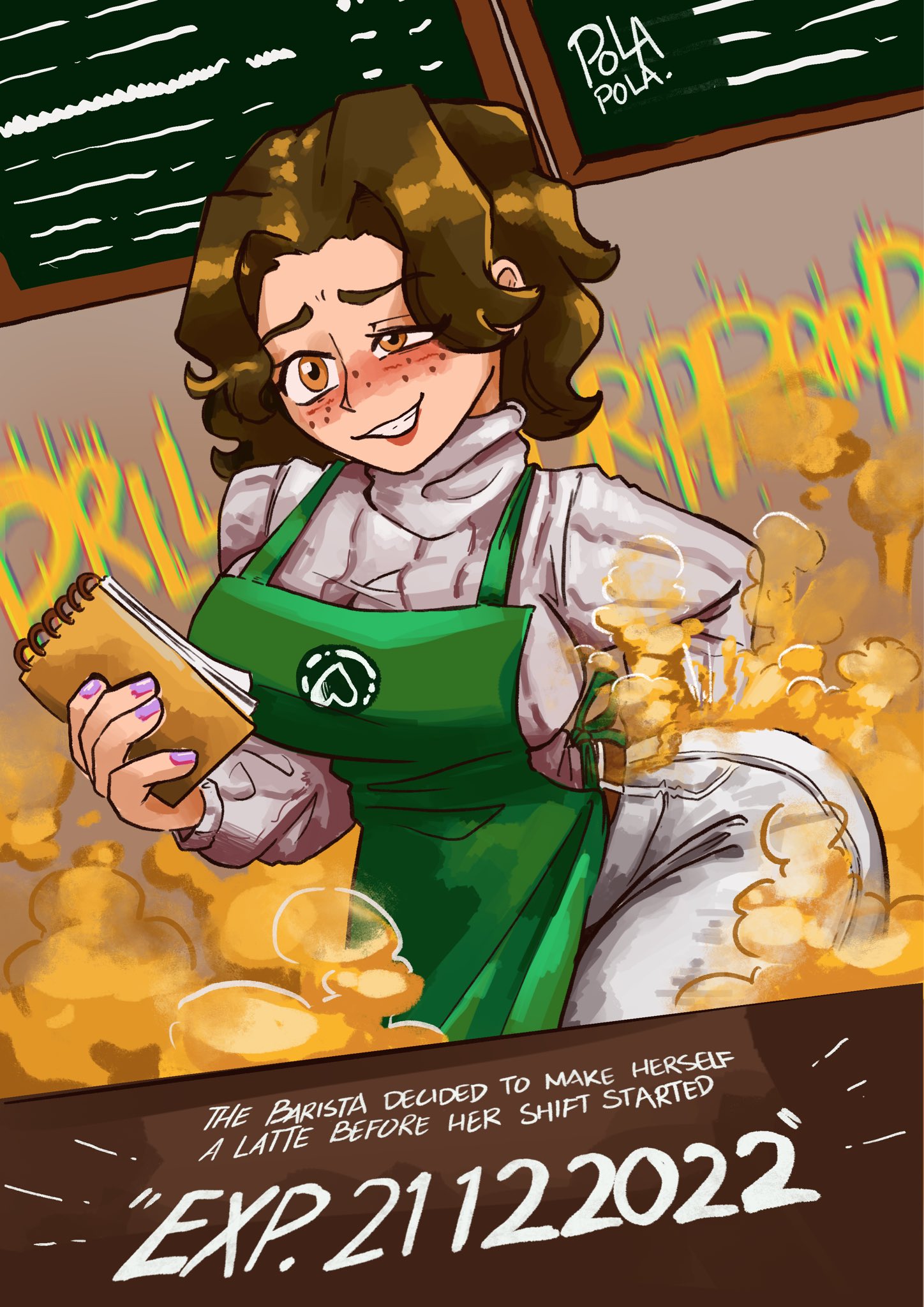 1girls, apron, barista, blush, brown hair, bubble butt, fart, fart cloud, fart fetish, farting, female, female only, jeans, oc, oddtenn, polapolabianda, reese (oddtenn), tenuousoddity, wide hips