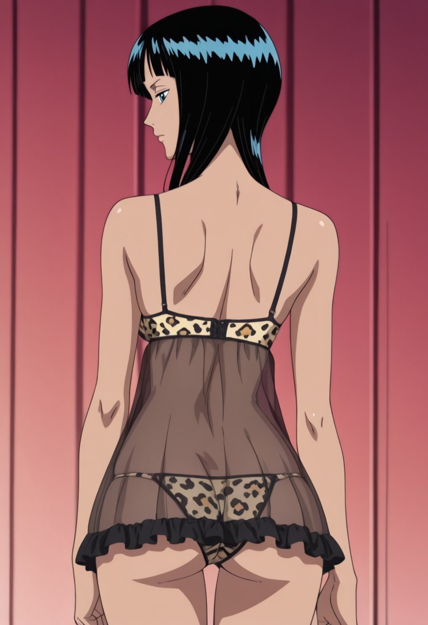 1girls, ai generated, ass, babydoll, black hair, black-haired female, female, female only, lingerie, nico robin, nightgown, nightie, not real art, one piece, see-through, see-through clothing