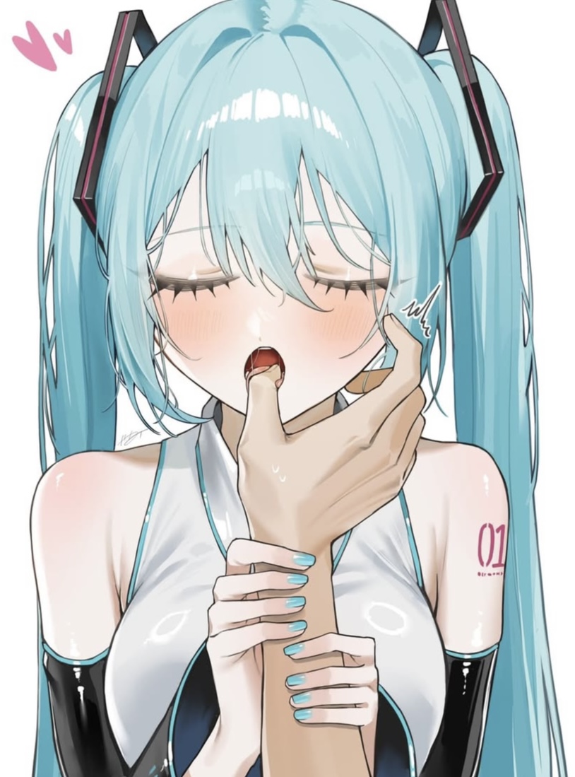 1girl, aqua hair, aqua nails, bangs, bare shoulders, black sleeves, blue hair, blue nails, blush, breasts, closed eyes, detached sleeves, finger in another's mouth, hair between eyes, hair ornament, hatsune miku, heart, licking, licking fingers, long hair, nail polish, number tattoo, open mouth, pov, pov hands, shirt, simple background, sleeveless, sleeveless shirt, solo focus, tattoo, tongue, tongue out, twintails, upper body, white background, white shirt