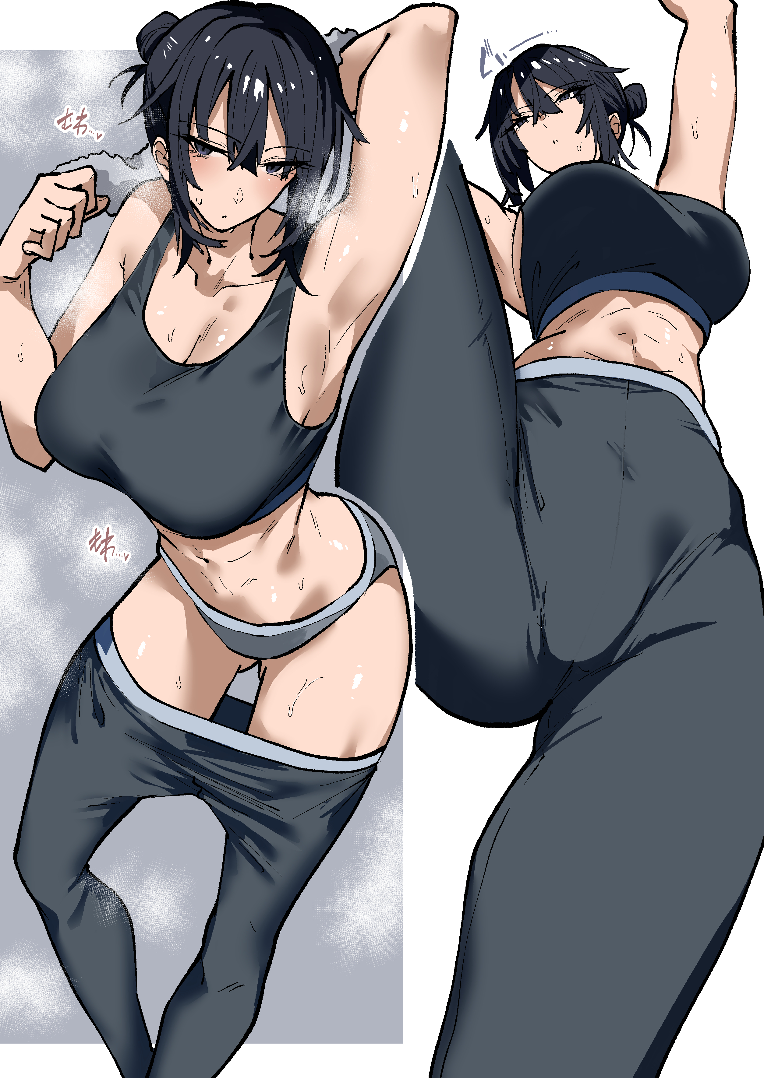 1girls, black hair, boxers (clothing), breasts, cleavage, female, heavy breathing, large breasts, muscular, muscular female, okyou, panties, partially clothed, pussy, sweat, sweat pants, sweatdrop, sweating, tall female, tank top, tomboy, visible vagina