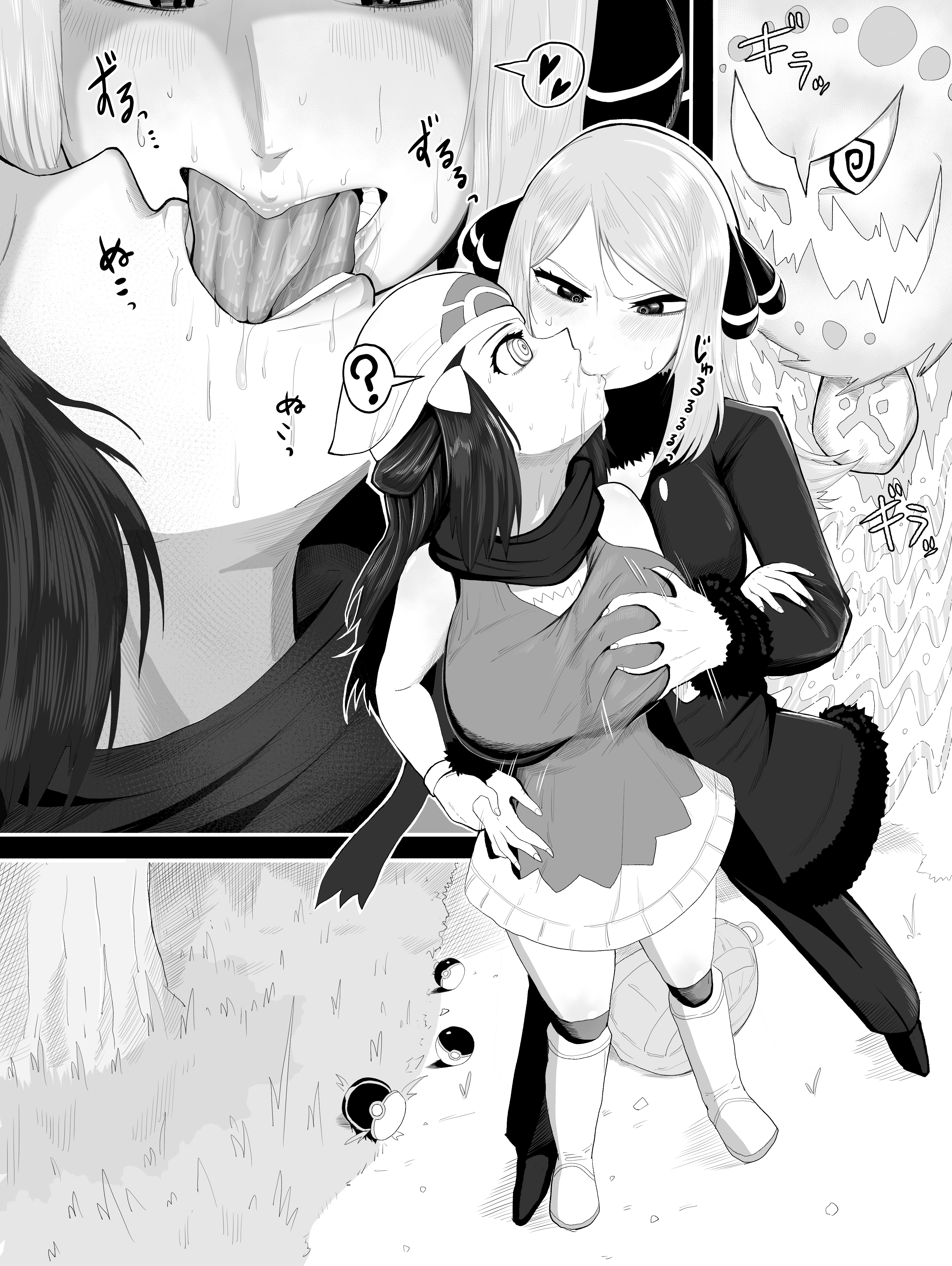 2girls, black and white, blush, breast grab, breasts, clothed, clothing, cynthia (pokemon), dawn (pokemon), duo focus, female, female focus, french kiss, game freak, hypnosis, kissing, monochrome, nintendo, nonconsensual, outdoors, pokemon, pokemon dppt, spiritomb, teteko, tongue, tongue kiss, tongue out, yuri