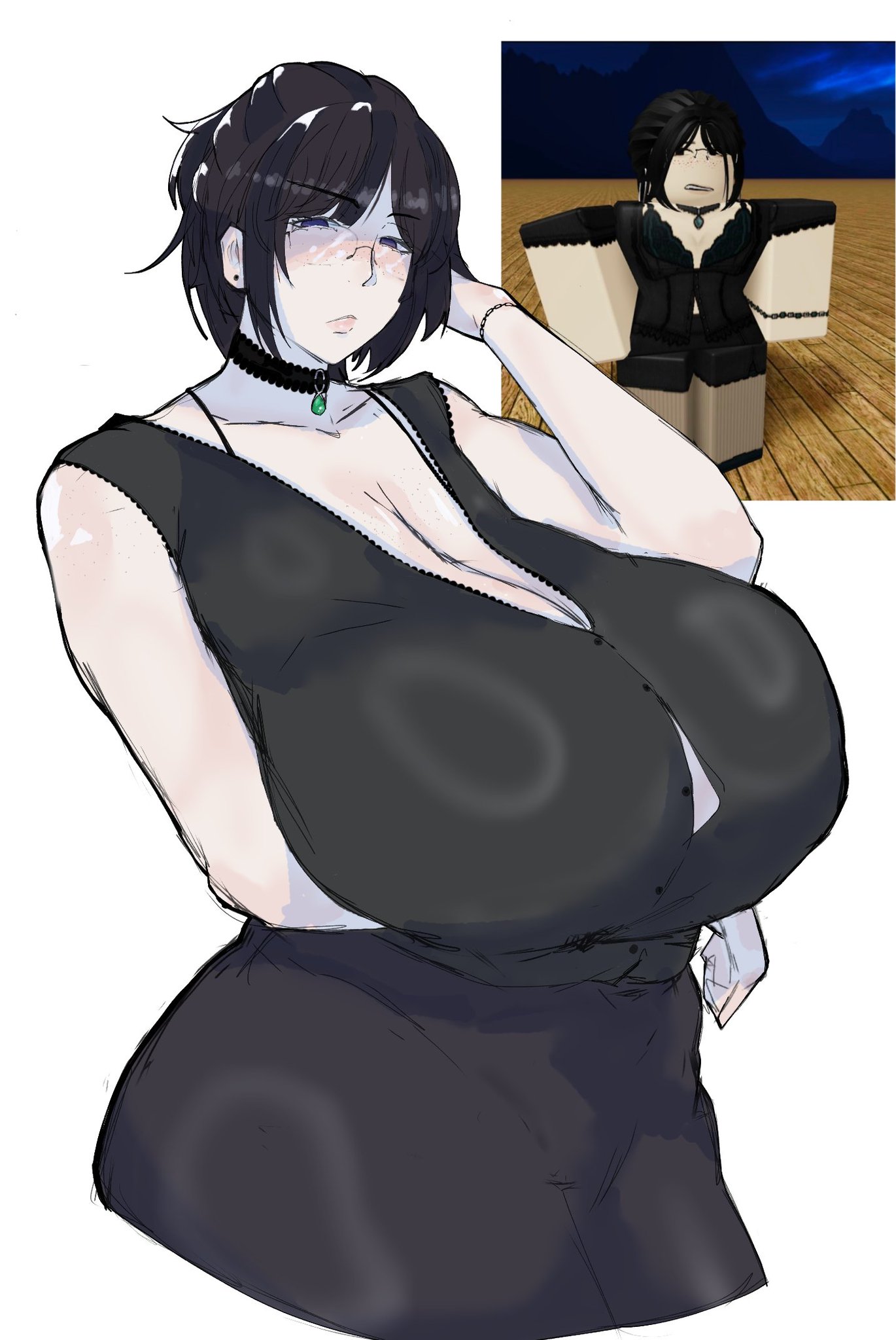 1girl, 1girls, arm under breasts, big breasts, breasts, cleavage, clothing, collar, dark hair, dress, ear piercing, glasses, hand in hair, reference image, roblox, roblox avatar, robloxian, sharkgirlslover, stretched clothing, tagme, thick thighs