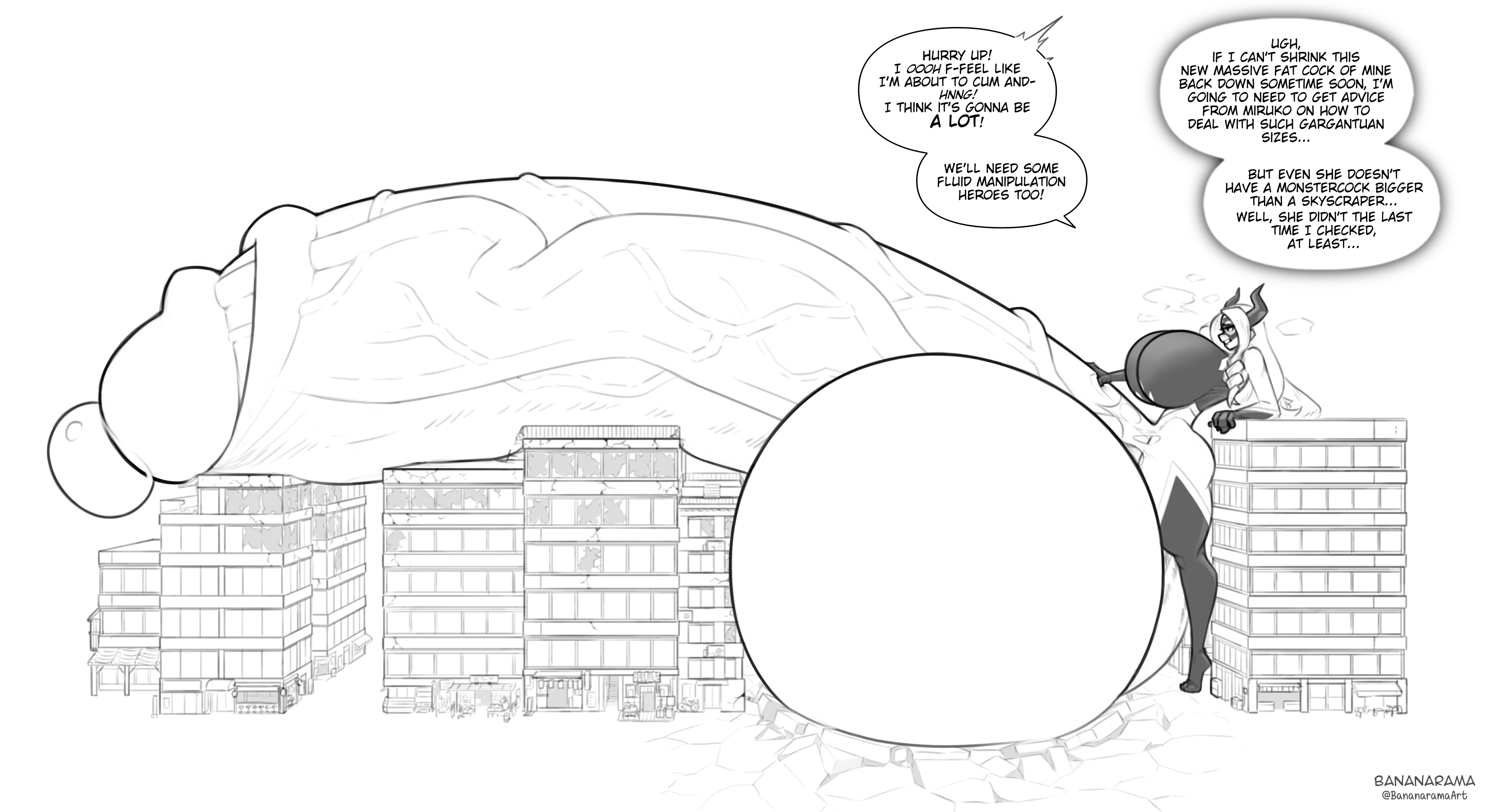 1futa, alternate version at source, balls, balls bigger than body, balls bigger than breasts, balls bigger than head, balls bigger than torso, bananarama (artist), bangs, big balls, big breasts, big cock, big penis, big testicles, bodysuit, boku no hero academia, breast expansion, breast growth, breast growth (enlargement), breasts, breasts bigger than head, building, building destruction, buildings, circumcised, cock, dialogue, dickgirl, drill hair, enormous balls, enormous penis, erect penis, erection, exposed balls, exposed penis, functionally nude, functionally nude female, futa giantess, futa only, futanari, genital expansion, genital growth, genital growth (enlargement), giantess, gigantic balls, gigantic cock, gigantic penis, gigantic testicles, hand on own penis, hand on penis, hero outfit (mha), horns, huge balls, huge breasts, huge cock, huge testicles, hyper, hyper balls, hyper genitalia, hyper penis, hyper testicles, intersex, large balls, large breasts, large cock, large penis, large testicles, long hair, macro balls, macro genitalia, macro penis, mask, massive balls, massive cock, massive penis, mount lady, my hero academia, open mouth, penis, penis bigger than body, penis bigger than building, penis bigger than torso, penis expansion, penis growth, penis growth (enlargement), precum, skintight bodysuit, skintight clothing, skyscraper, solo, solo futa, testicles, thick thighs, torn clothes, torn clothing, veiny balls, veiny penis, watermark