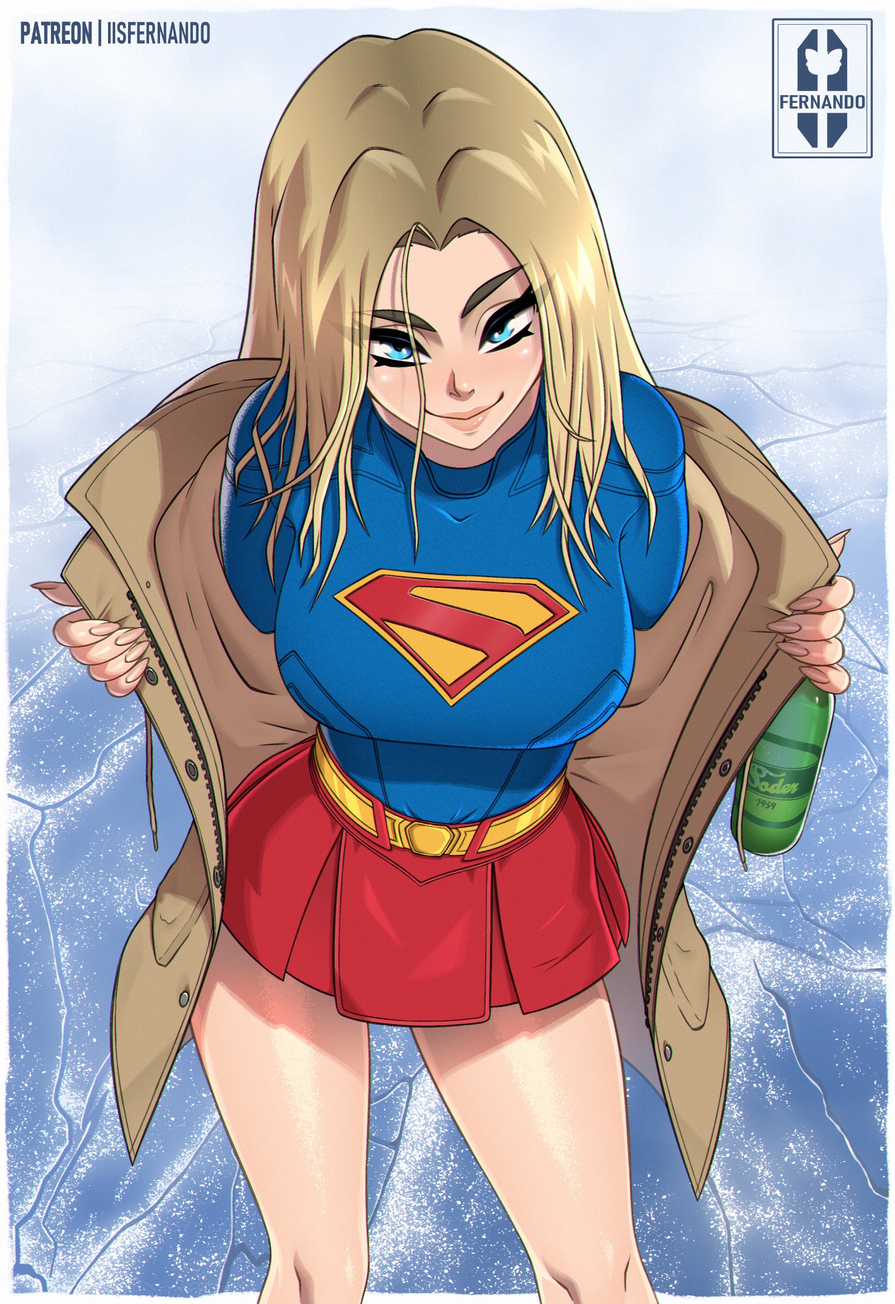 1girls, 2025, 2d, 2d (artwork), artist name, big breasts, blonde female, blonde hair, blue eyes, breasts, cape, clothed, clothed female, clothing, coat, color, curvaceous, curvaceous body, curvaceous female, darkiisfernando, dc, dc comics, dcu, drunk, drunk female, female, female focus, female only, kara zor-el, looking at viewer, milly alcock, questionable, sfw, skirt, solo, solo female, supergirl, supergirl (dcu), superhero, superheroine, superman (2025), superman (series), thighs, trenchcoat, twitter link, white border