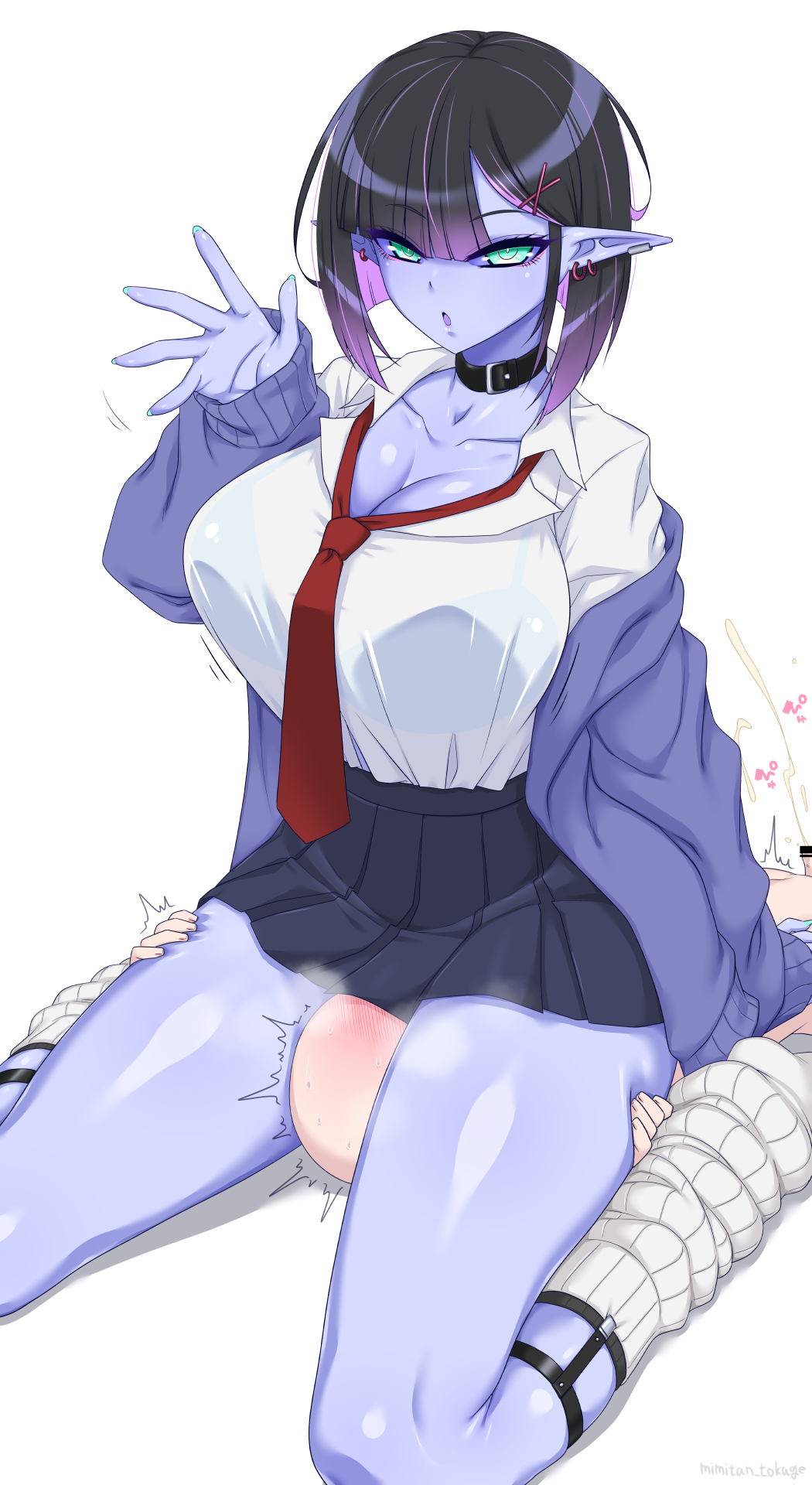1boy, 1girls, big breasts, blue skin, blue-skinned female, breasts, collar, facesitting, female, female focus, femdom, humanoid, humanoid female, humanoid on human, large boobs, large breasts, light skin, light-skinned male, looking at viewer, male, mimitan tokage, original, skirt, thick thighs, thighs, tie, waving, waving at viewer