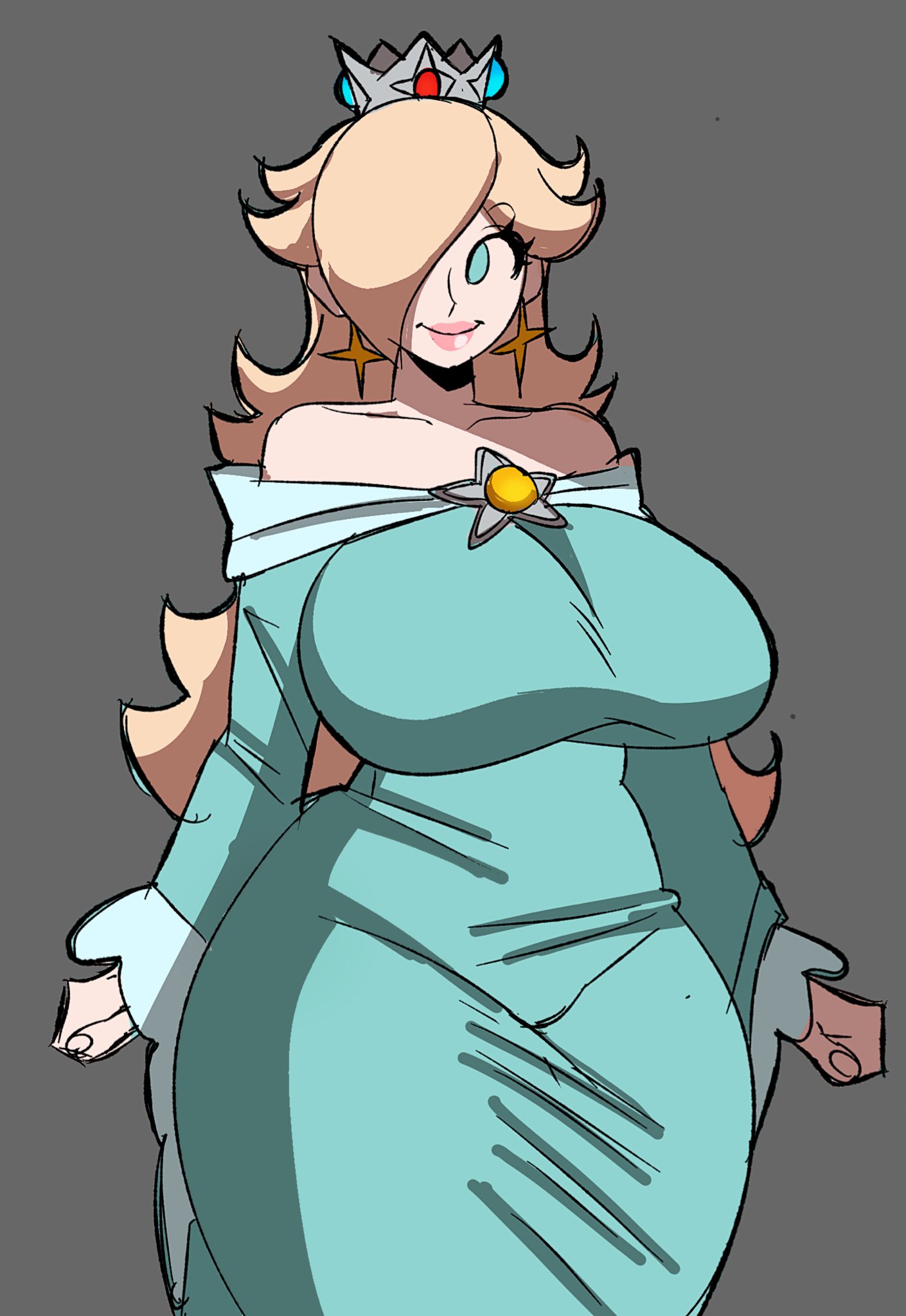 artiah669, big breasts, breasts, female, fleshpie669, full lips, gray background, hips wider than shoulders, mario (series), nintendo, pear-shaped figure, princess rosalina, smiling, tagme