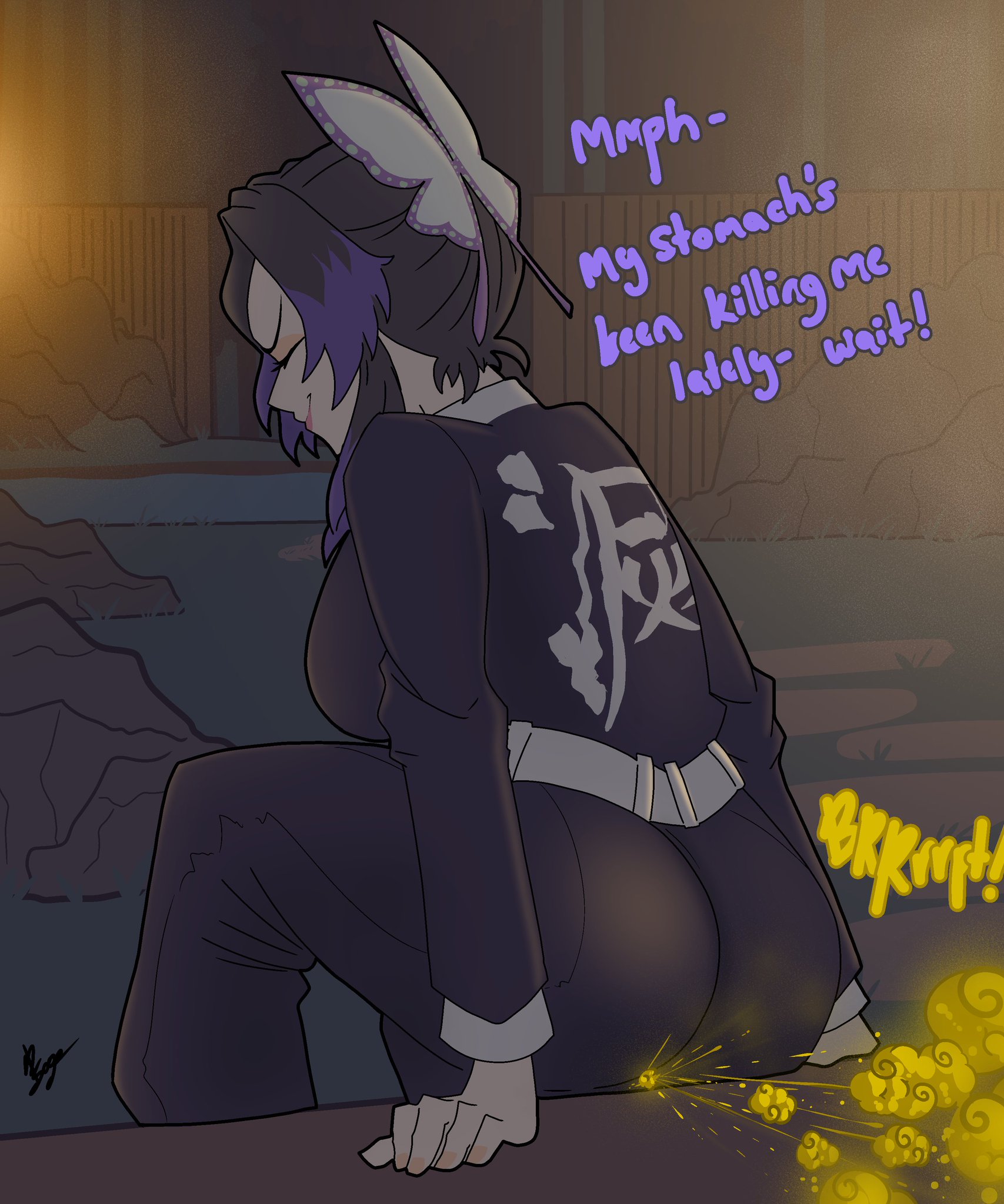 alternate version available, ass, bubble butt, demon slayer, fart, fart cloud, fart fetish, farting, female, female only, kimetsu no yaiba, kochou shinobu, multicolored hair, thepervysage