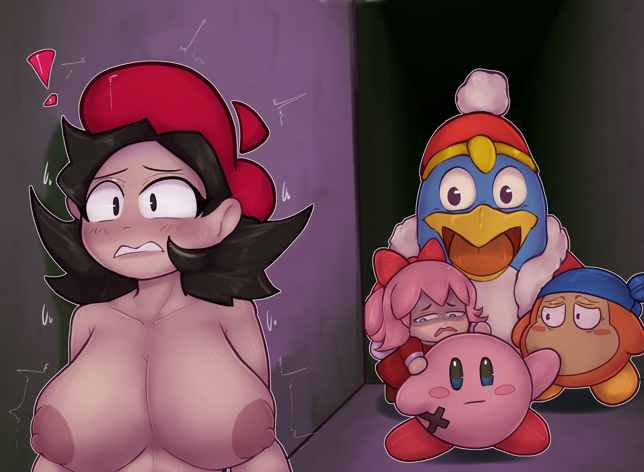 2025, 2girls, 3boys, adeleine, after sex, bandana waddle dee, beret, black eyes, black hair, blush, breasts, clothed, clothing, commission, commission art, commissioner upload, cross, disgusted, fairy, female, hal laboratory, king, king dedede, kirby, kirby (series), kirby 64, kirby 64: the crystal shards, looking at another, male, naked, naked female, nintendo, nude, nude female, open mouth, pink hair, ribbon (kirby), royalty, sfcompany1e (artist), shocked, shocked expression, short hair, wide eyed