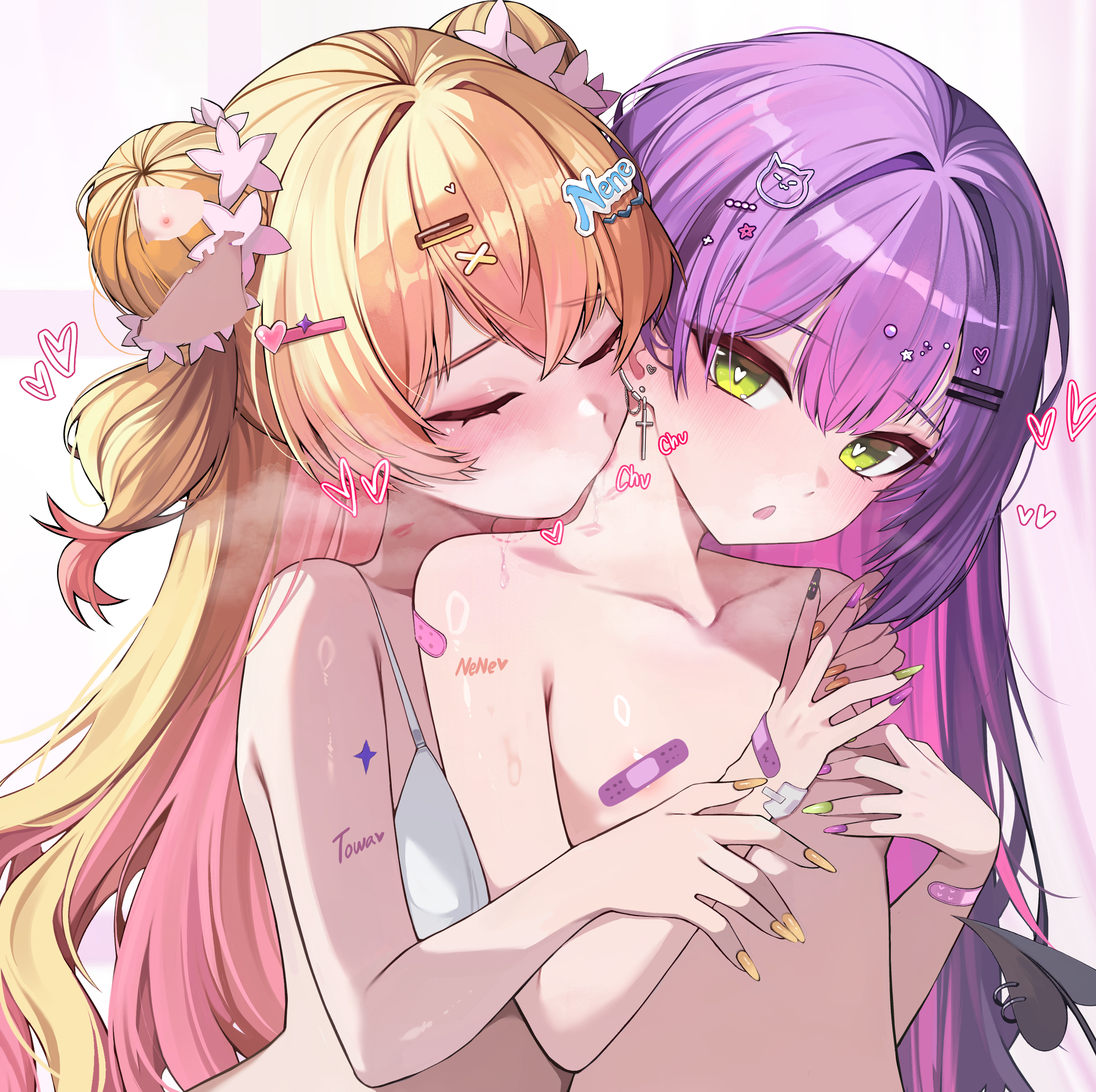2girls, absurdres, bandaid, bandaid on arm, bandaid on wrist, bandaids on nipples, blonde hair, bra, closed eyes, colored inner hair, commentary, cross, cross earrings, demon girl, demon tail, double bun, double-parted bangs, earclip, earrings, english commentary, female, fingernails, flat chest, flower, gradient hair, green eyes, hair bun, hair flower, hair ornament, heart, heart-shaped pupils, highres, holoforce, hololive, hololive gen 5, hololive japan, jewelry, kissing, kissing neck, kkato, long fingernails, long hair, momosuzu nene, multicolored hair, multiple females, multiple girls, nude, paid reward available, pasties, piercing, pink hair, purple hair, side up bun, streaked hair, symbol-shaped pupils, tail, tail ornament, tail piercing, tokoyami towa, two side up, underwear, virtual youtuber, vtuber, white bra, yuri
