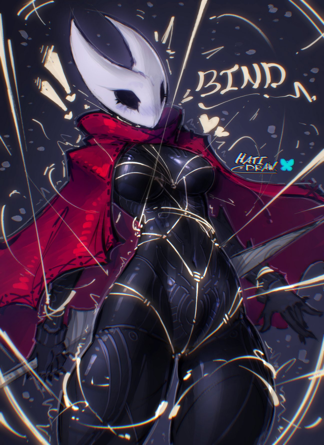 belly, bondage, breasts, exclamation point, female, hatidraw, hollow knight, hollow knight: silksong, hornet (hollow knight), masked, masked female, medium breasts, surprised, text, thick thighs, thighs, watermark