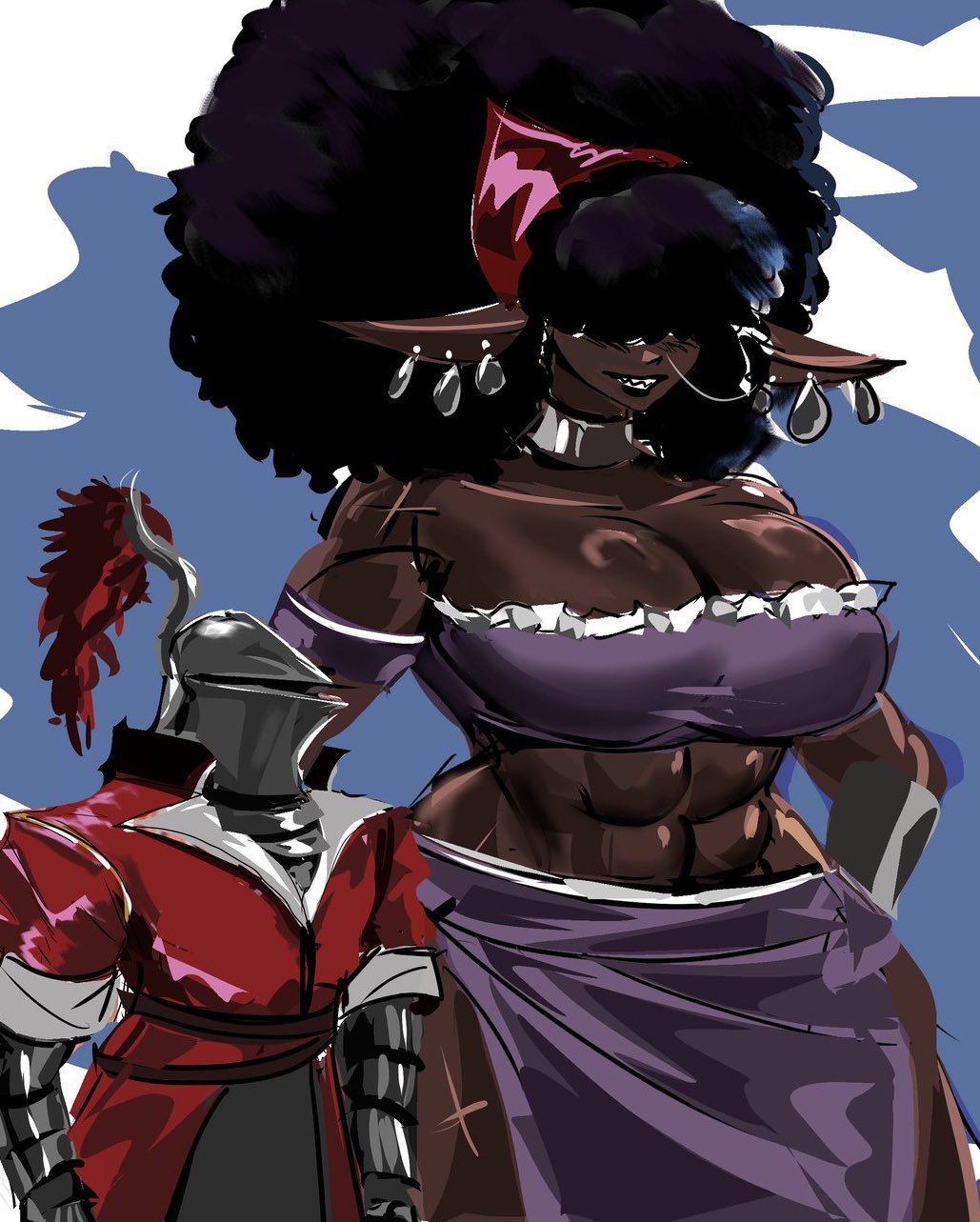 1boy, 1girls, abs, alternate costume, armored, armored male, athletic, athletic female, bahaal (jinn hunter), big breasts, bigger female, black hair, black-haired female, blinding bangs, boy, breasts, clothed, clothed female, clothed male, dark skin, dark-skinned female, female, frog-mouth helmet, hair over eyes, height difference, helmet covering face, jinn hunter, knight, knight armor, knight helmet, large boobs, large breasts, larger female, male, muscular, muscular female, muslim, muslim female, scars, sharp ears, shorter male, size difference, smaller male, somali, toned, toned female, venommoe
